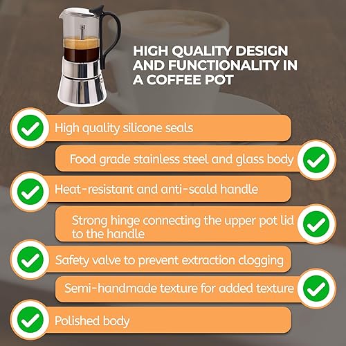 Miniatura 7 de Olla de vidrio transparente para 4 tazas, 7.4 fl oz, cafetera de acero inoxidable, sin recubrimiento, cafetera de café expreso, cafetera italiana,