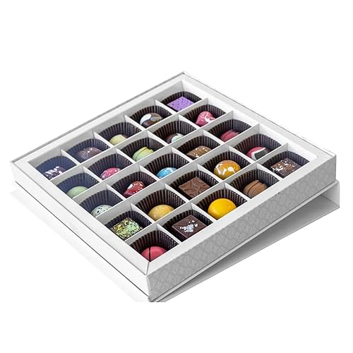Dallmann Confections Lujosa caja de regalo de chocolate bellamente acabada con cinta de satén plateada atada a mano, chocolates de trufa surtidos