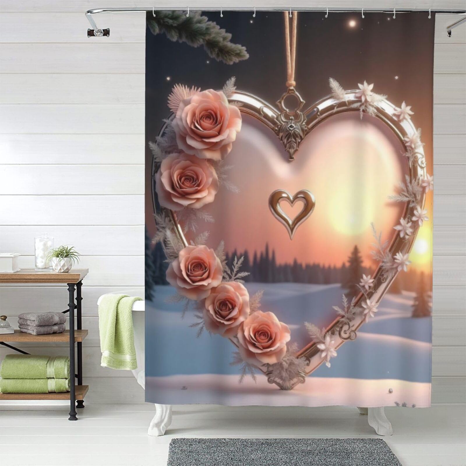 Rideau de douche résistant motif cœurs d'hiver rose 152x183