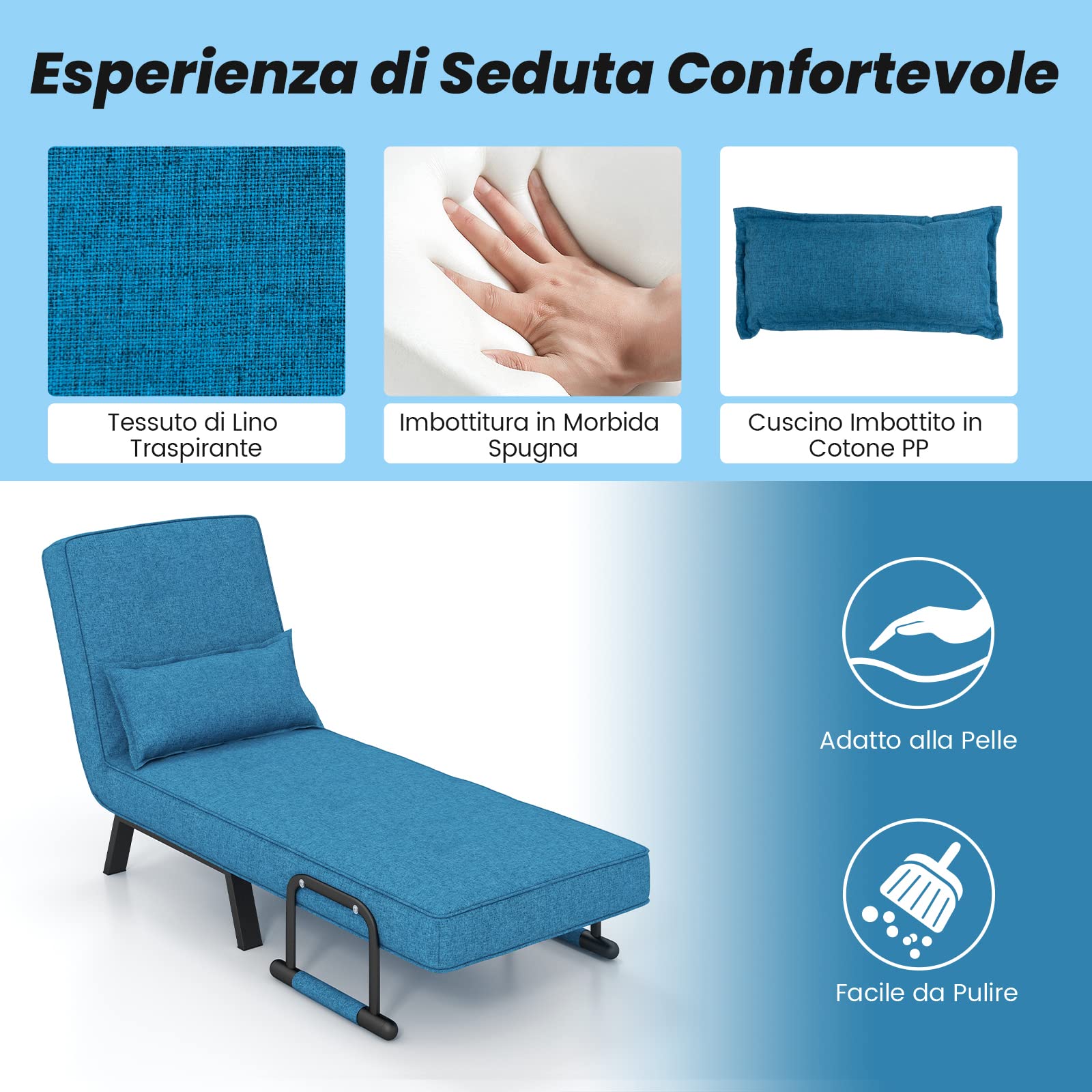 COSTWAY Poltrona Letto, 4 in 1 Poltroncina Pieghevole con Schienale Regolabile in 6 Posizioni, Sedile Imbottito Robusto, Divano Letto Singolo per Casa Ufficio, 79x65x79 cm (Blu)