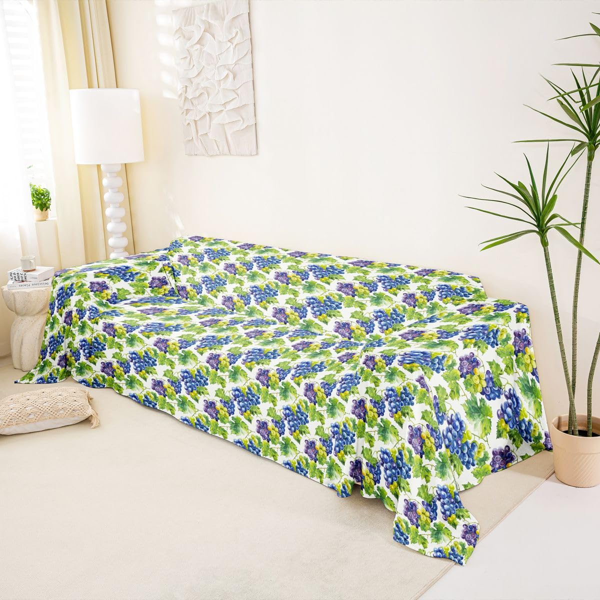 Homewish Blaue Ästhetisch Ernte Weintrauben Sofaüberzug 231x340 | Jungen Mädchen Couch Überwurfdecke Grüne Blätter Sofa Cover für Wohnzimmer Trendig Sofahusse für Hunde Haustiere 3 4 Sitzer