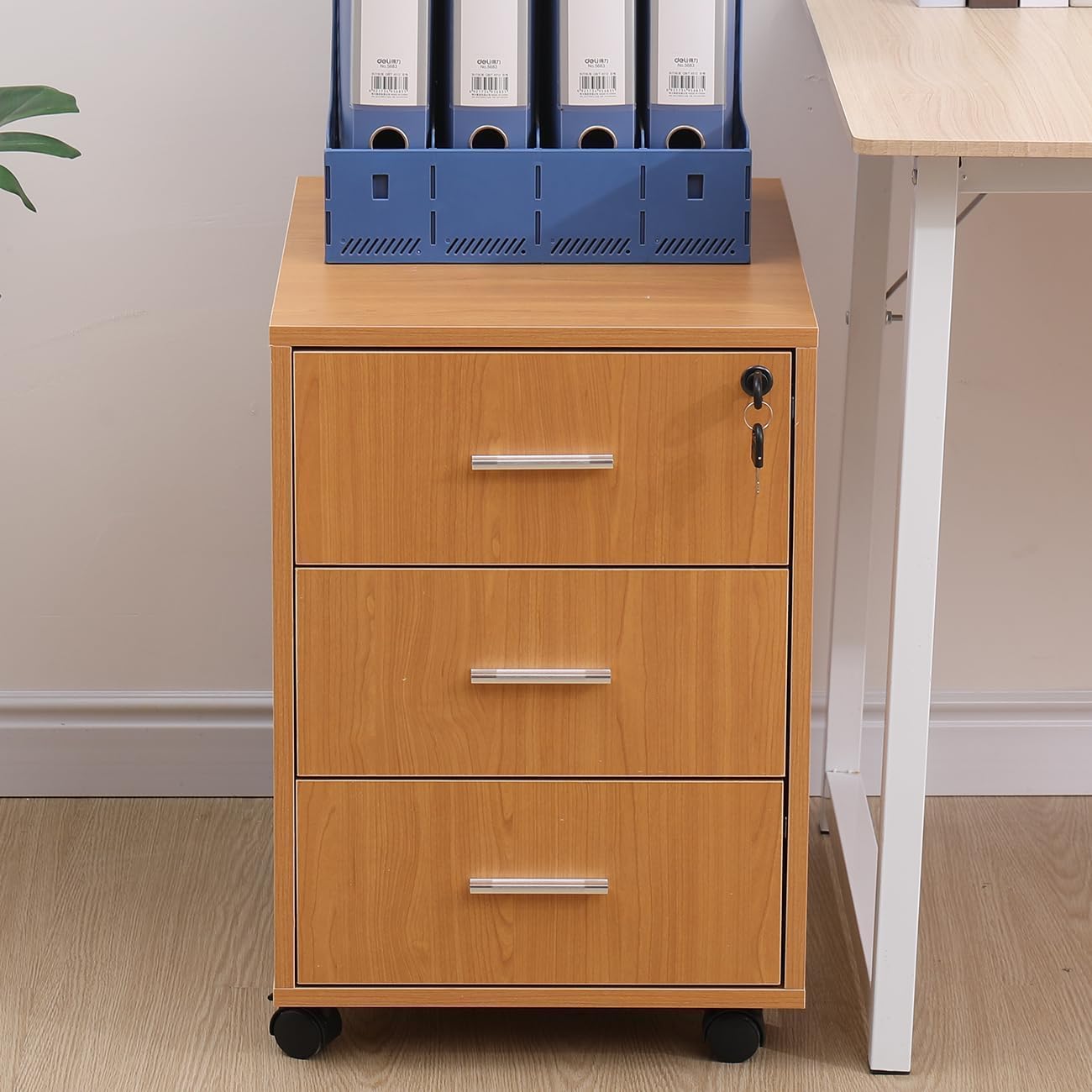 Redd Royal Mobile Lockable File Storage Cabinet with 3 Drawers on Wheels Under Desk Wood Drawer Bedside Cabinet Pedestal for Unit Document Home Office Printer Stand (walnut#2)