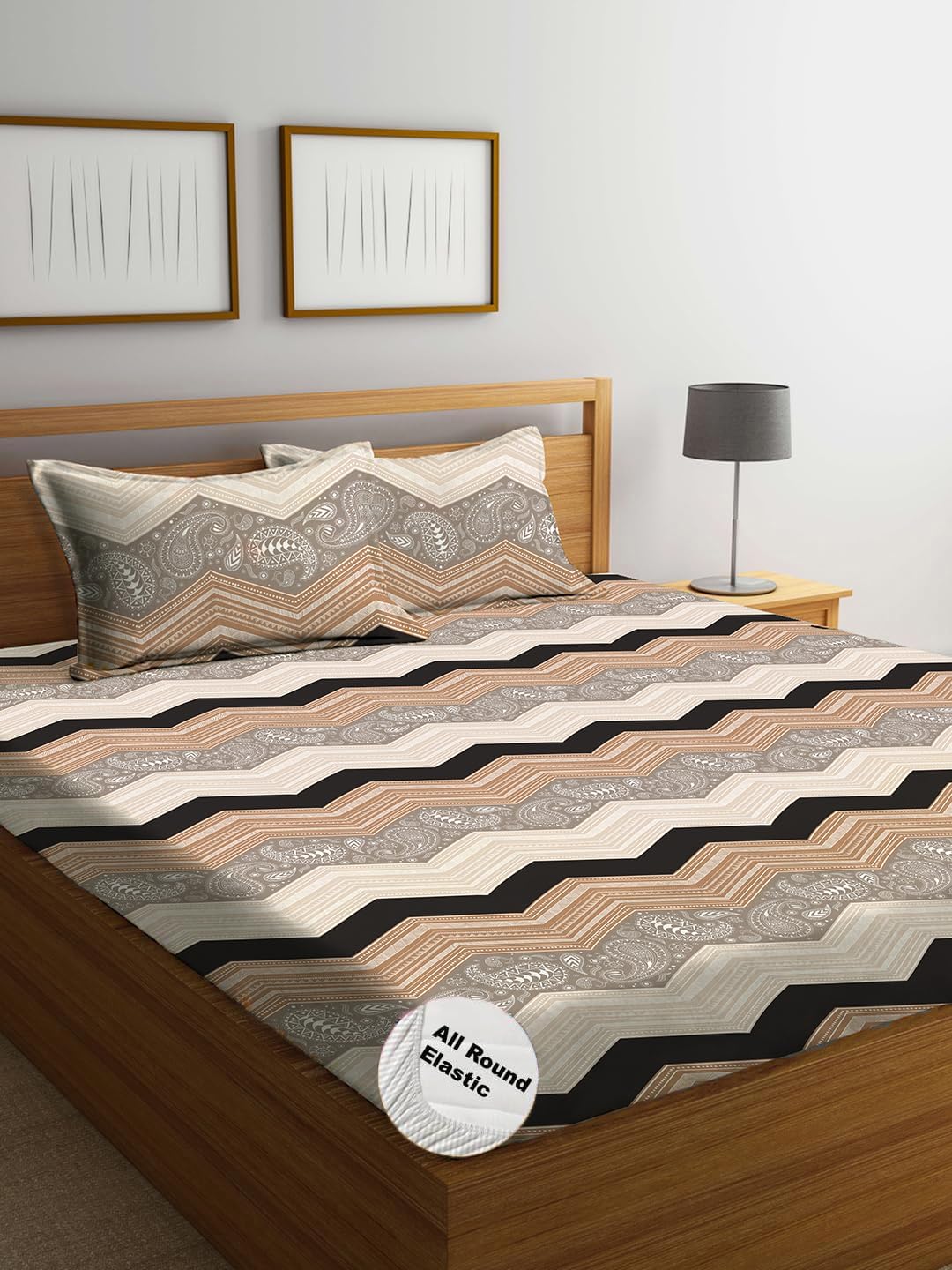 THE HOME STYLE Cotton Feel Glace Cotton Elastic Fitted Printed Queen Size Double Bed Bedsheet with 2 Pillow Cover Fits Upto 8 Inches Mattress (60"x78", Cocoa Almond)