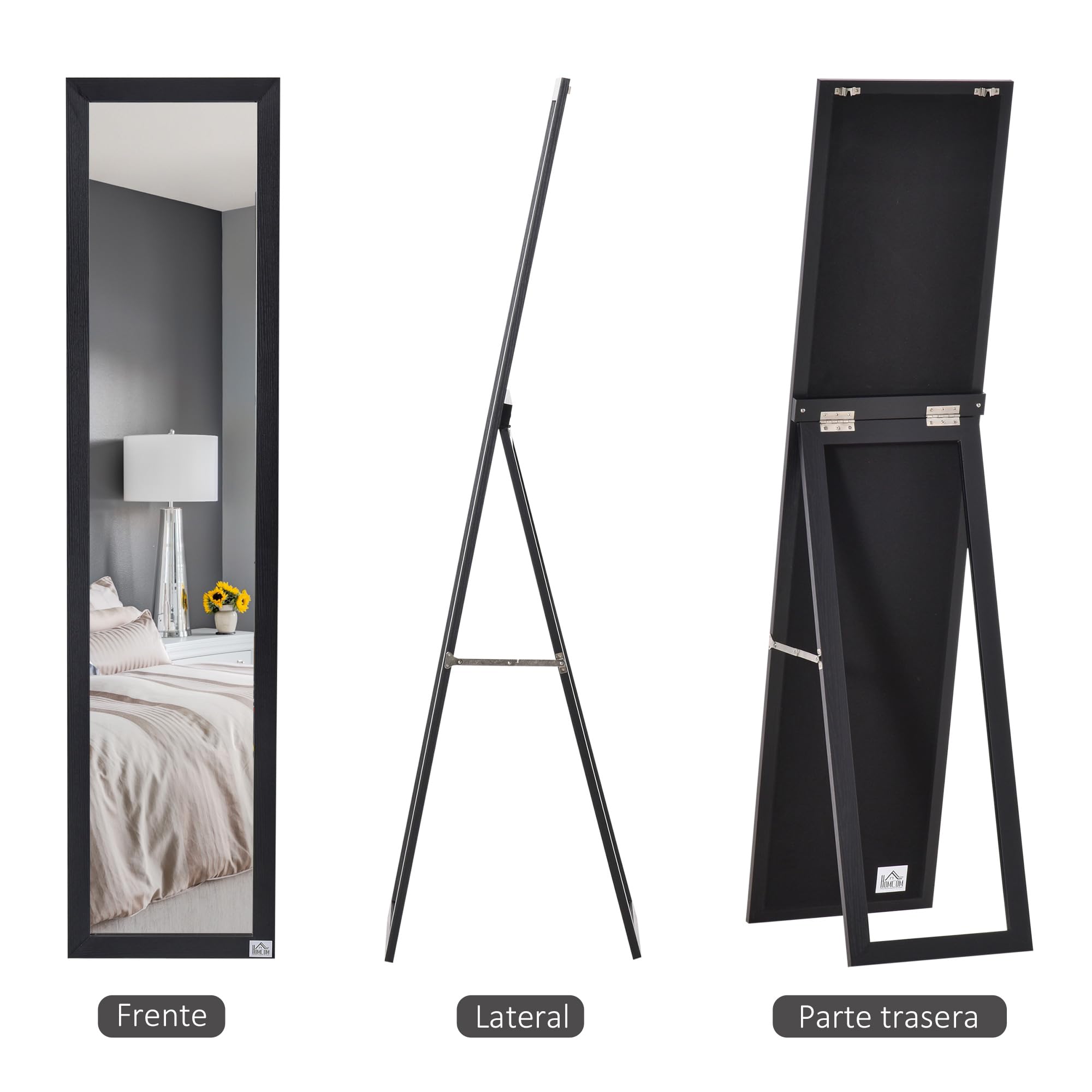 HOMCOM Espejo de Pie Cuerpo Entero Espejo Pared Rectangular con 2 Formas de Uso Moderno para Pasillo Dormitorio Sala de Estar 37x37x154 cm Negro