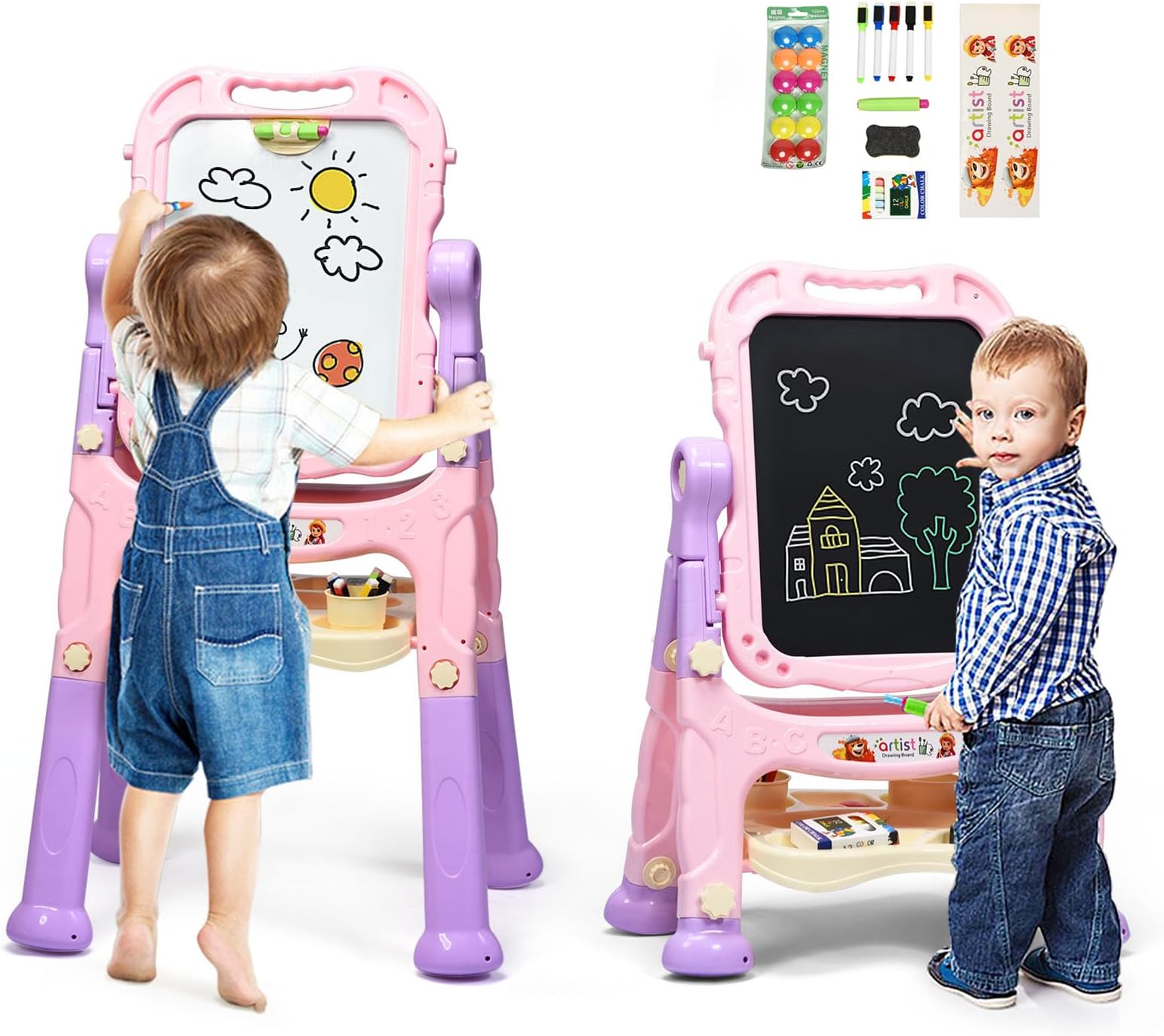 GYMAX Wooden Kids Easel, Double Sided Whiteboard & Chalkboard Easel