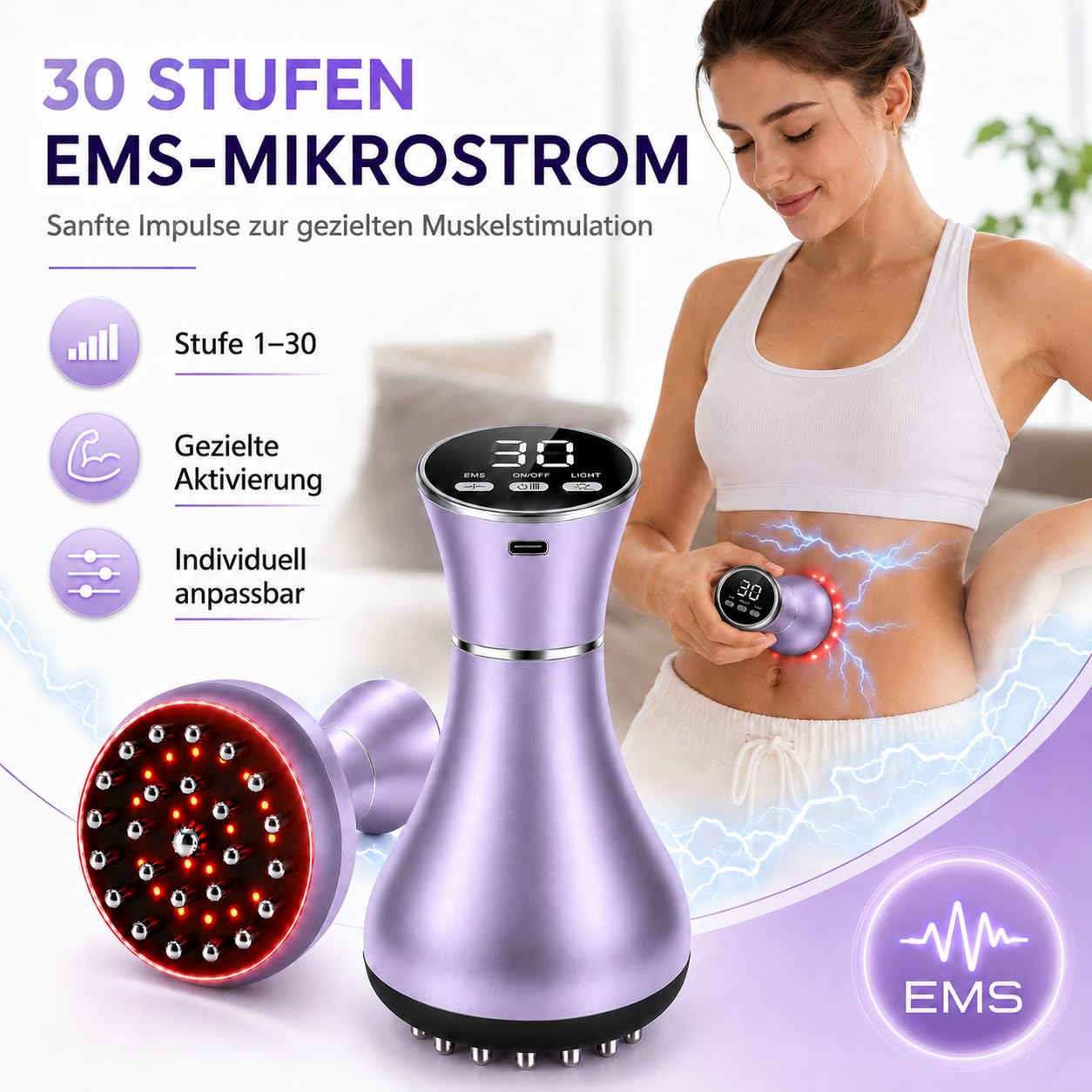 4-in-1 Lymphatic Massagegerät & Anti Cellulite Massagegerät Elektrisch mit 30 EMS-Stufen, Rotlicht, Wärme & Vibration, Handgehaltenes Cellulite Gerät für Bauch, Taille, Rücken, Arme & Beine