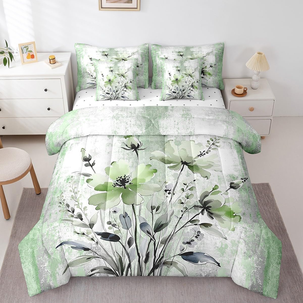 Green Flower Full Size Comforter Set 7 Pcss Spring Blossom Bedding For Girls Soft Abstract Oil Painting Sheets Set Watercolor Floral Rustic Farmhouse With Ombre Turquoise Teal Grey Design For Kids