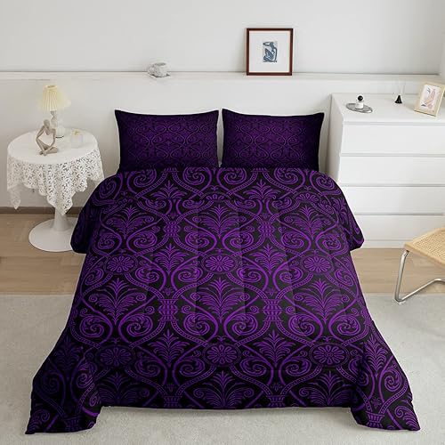 Erosebridal Juego de edredón floral de color morado y negro degradado para niñas y mujeres, tamaño Queen, juego de ropa de cama gótico barroco de
