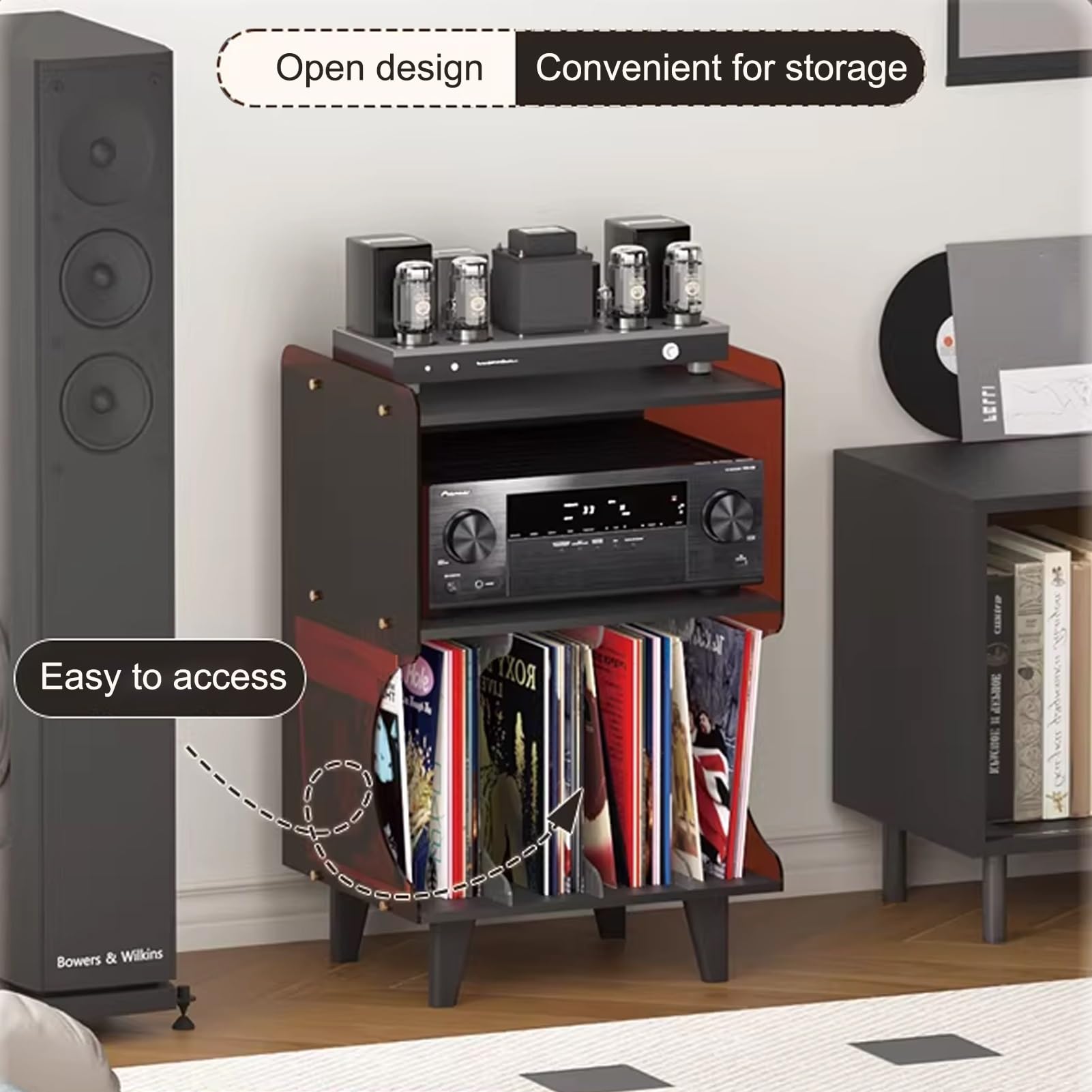 Stolik w stylu vintage z akrylowym uchwytem na płyty CD, retro szafka do przechowywania płyt winylowych, mały stojak na media na winyl i filmy, stylowy czarny i przezroczysty design