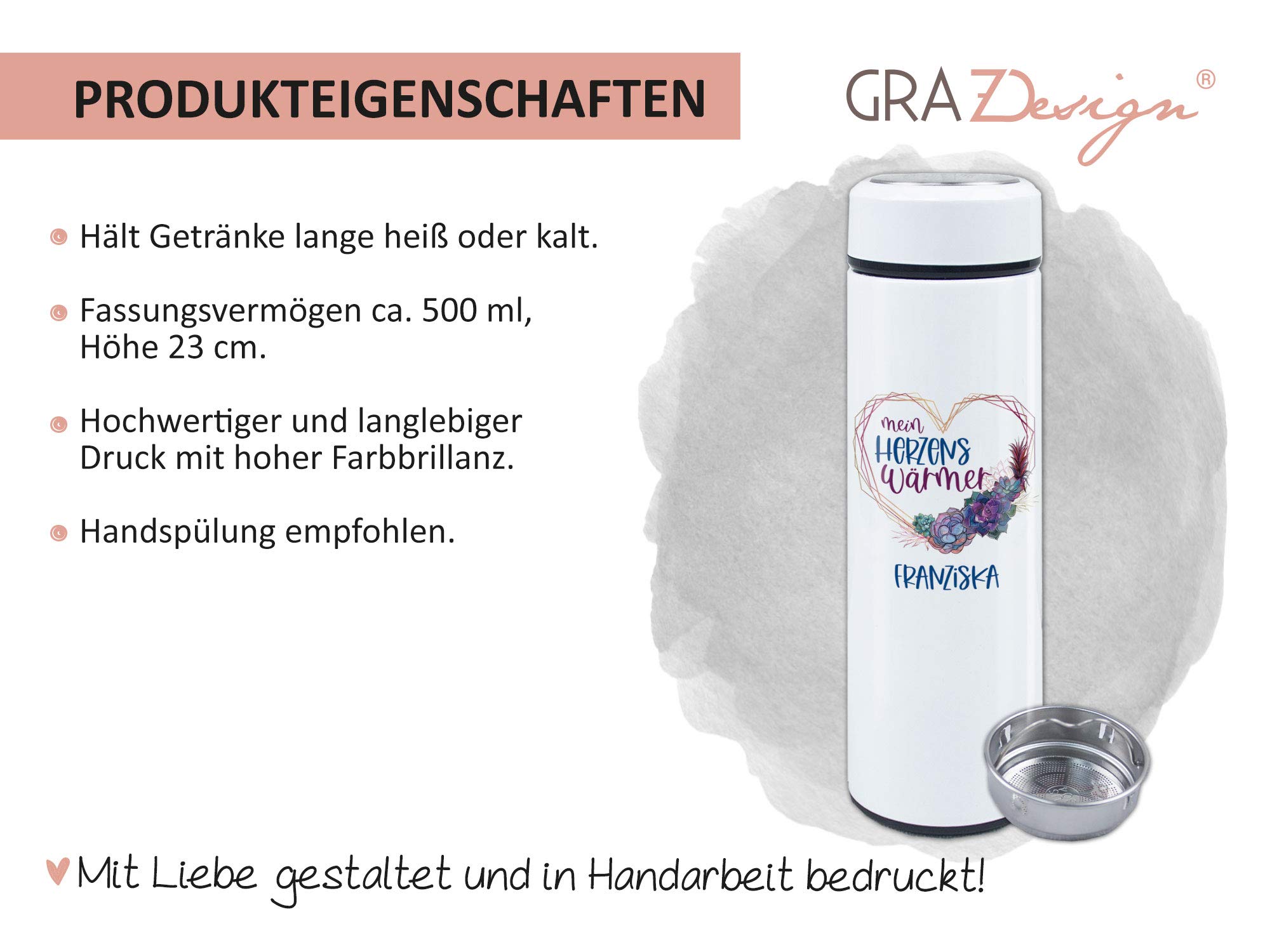 Geschenkset Frauen Tee, Thermo- Teeflasche mit Siebeinsatz, Tasse mit Bratapfeltee, personalisiertes Geschenk mit Namen, Keramik mit Edelstahl
