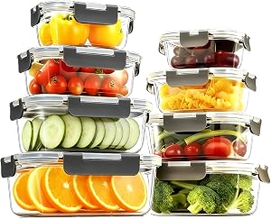 Pure Future 16-Piece Set (8-Pack) Borosilicate Glass Food Storage Containers with Upgraded Detachable Locking Lids - Leak Proof Meal Prep Lunch Boxes, Oven/Microwave Safe