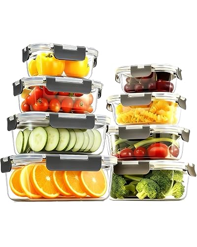 Pure Future 16-Piece Borosilicate Glass Food Storage Containers, Meal Prep & Lunch Boxes, BPA-Free Airtight Locking Lids, Leak-Proof, 400°C Oven/Microwave/Freezer/Dishwasher Safe, Kid-Friendly - 16 Pcs Glass Storage Containers