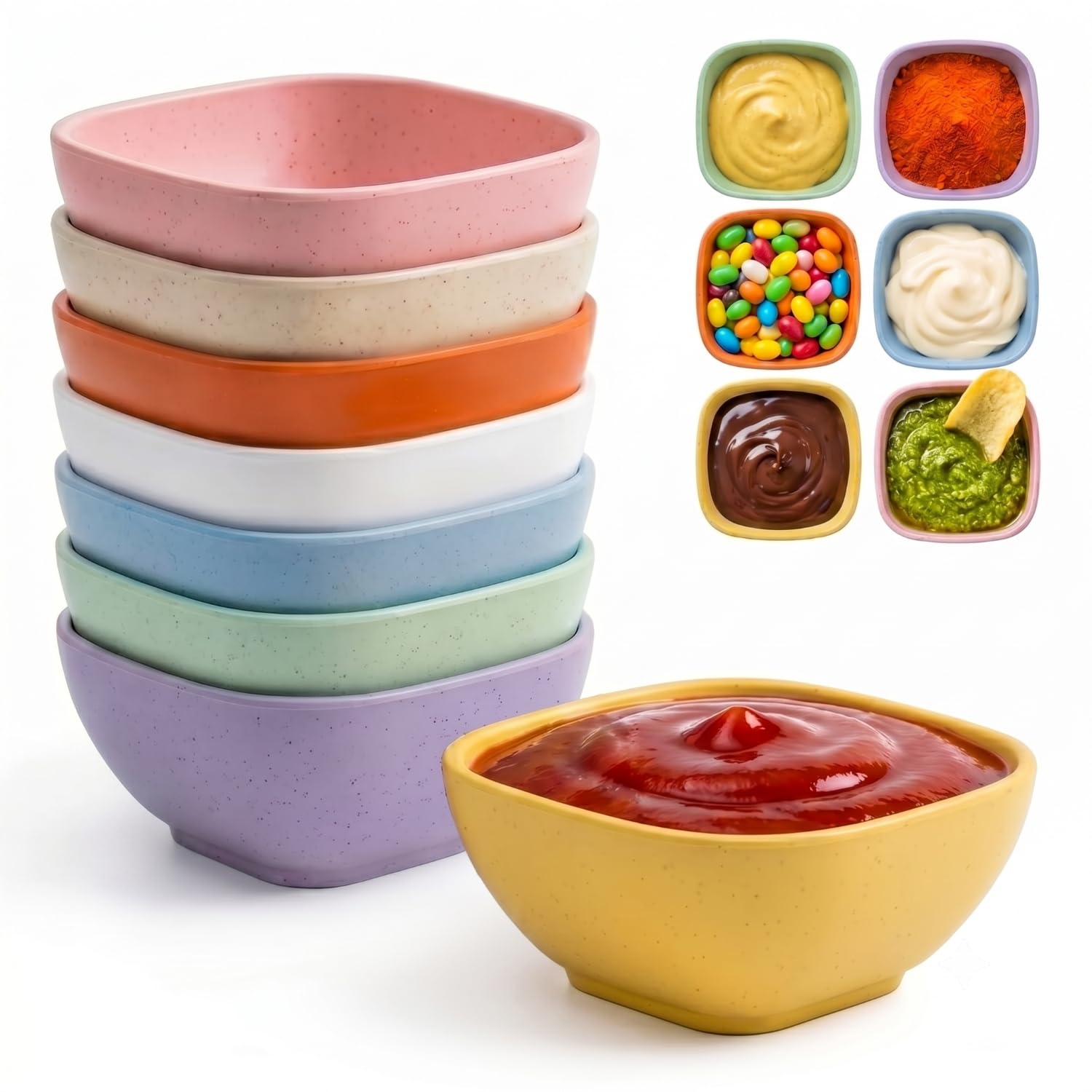 Wrova Reusable Dipping Bowls 5oz - Set of 8 Unbreakable Plastic Mini Bowls Microwave and Dishwasher Safe Dip Bowls for Dessert, Soy Sauce Dish, Ketchup, Condiment - Colorful