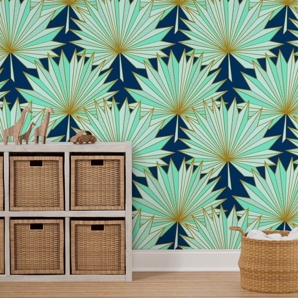 Removable Wallpaper 3ft x 2ft - Art Deco, Palm, Fan, Navy, Mint, Tropical, Geometric, Origami, Inspired, Gold, Blue, Modern, Beach, Custom Pre-Pasted Wallpaper by Spoonflower