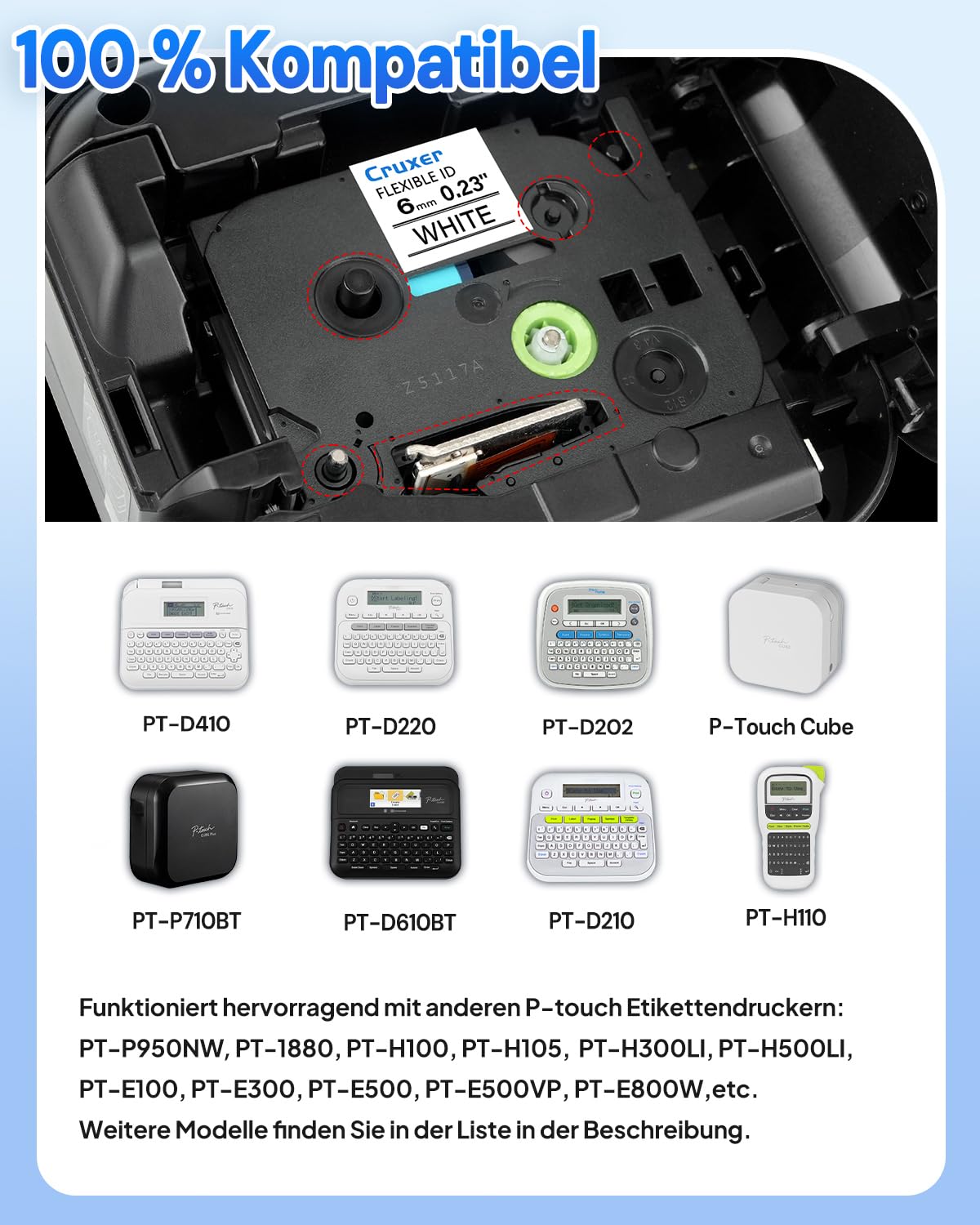Cruxer 200er-Pack Kompatibel mit Ptouch TZeFX211 6 mm Schwarz auf Weiß | TZeFX211 Flexible ID laminiertes Etikettenband Ersatz für Ptouch PT-H110 H100 H105 P300BT E110 D200 Etikettendrucker