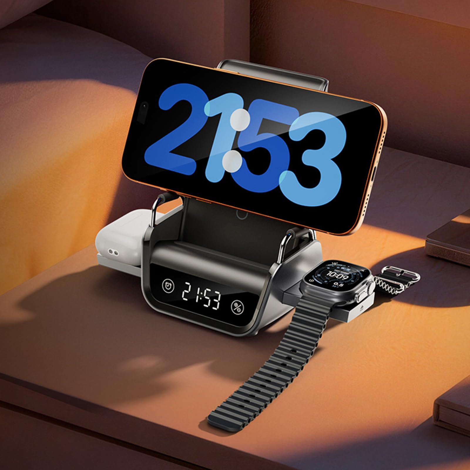 Supporto Ricarica induttivo per Telefono, Auricolari e Smartwatch, Stazione Alimentazione da Tavolo da 15 W con Orologio Digitale e Supporto per la Visualizzazione Orizzontale Dock Ricarica
