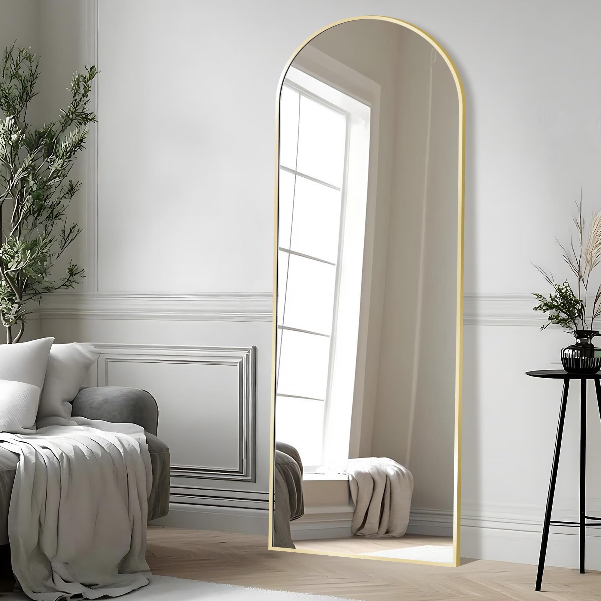 56"x20" Arched Full Length Mirror with Stand, Gold Floor Mirror, Full Body Dressing Mirror, Over The Door & Wall Mounted, Tempered Glass Safety Mirror for Bedroom, Living Room, Entryway
