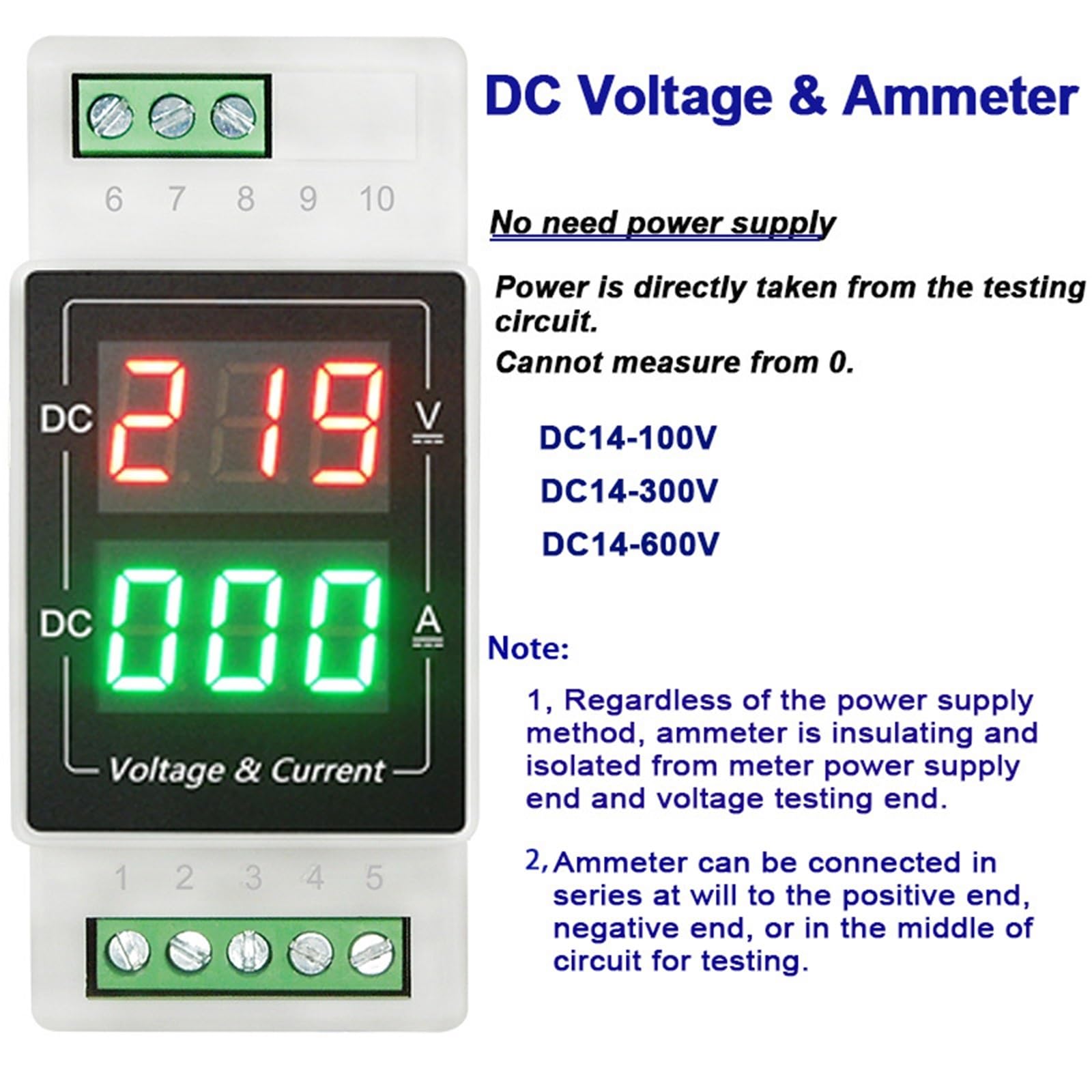 1 szt. YB103VA Woltomierz DC z dwoma przewodami, amperomierz, szyna DIN, cyfrowy miernik napięcia 24 V, 100 V, 300 V, 600 V, 5A, 20A, 50A, 100 A, 500 A, 500 A, tester napięcia (DC10A, DC14-300V)