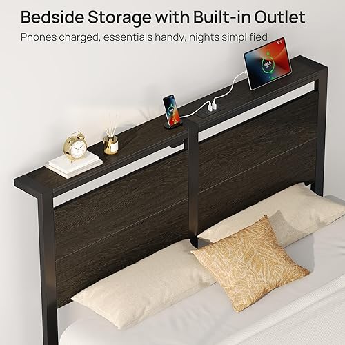 Miniatura 5 de Rolanstar Full Bed Frame with Headboard, Bed Frame Full with LED Lights, Camas Full Size Bed with Charging Station, Solid Metal Slats, Noise Free,