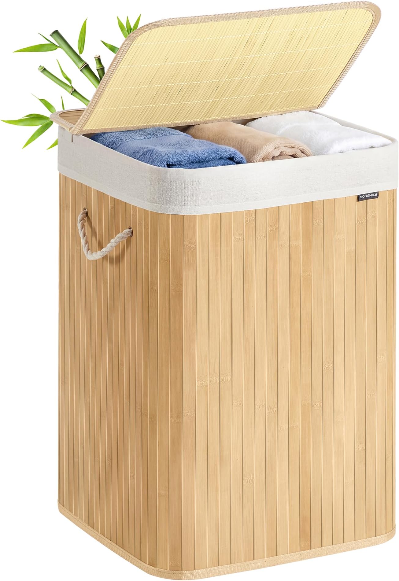 SONGMICS Laundry Basket, 95 L, Laundry Hamper, Laundry Bin with Lid, Bamboo, Foldable, Removable and Machine Washable Liner Bag, for Laundry Room, Bedroom, Natural LCB060Y01