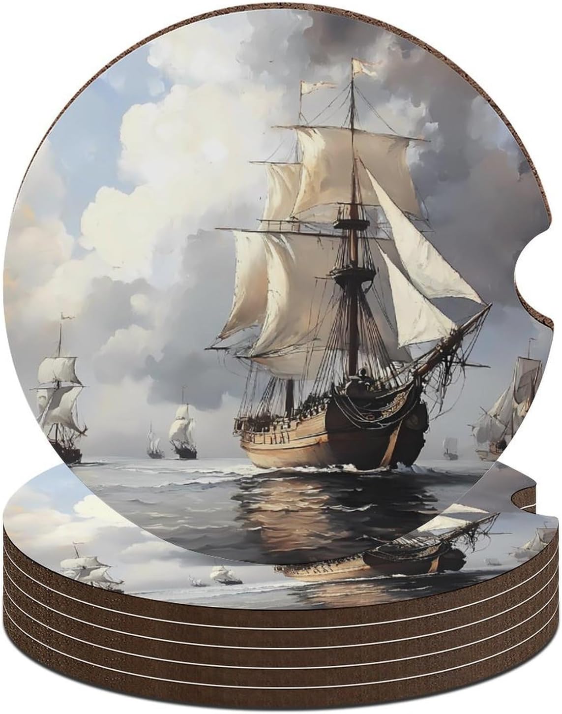 Dutch Ships Sailing Cute Car Coasters 2.56 Inch Absorbent Cup Holder for Drinks Auto Interior Accessories