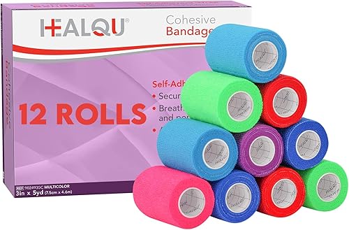 HEALQU Vendaje autoadhesivo  12 rollos de cinta cohesiva de 2 pulgadas x 5 yardas para atletismo y deportes  Cinta médica autoadherente, vendajes
