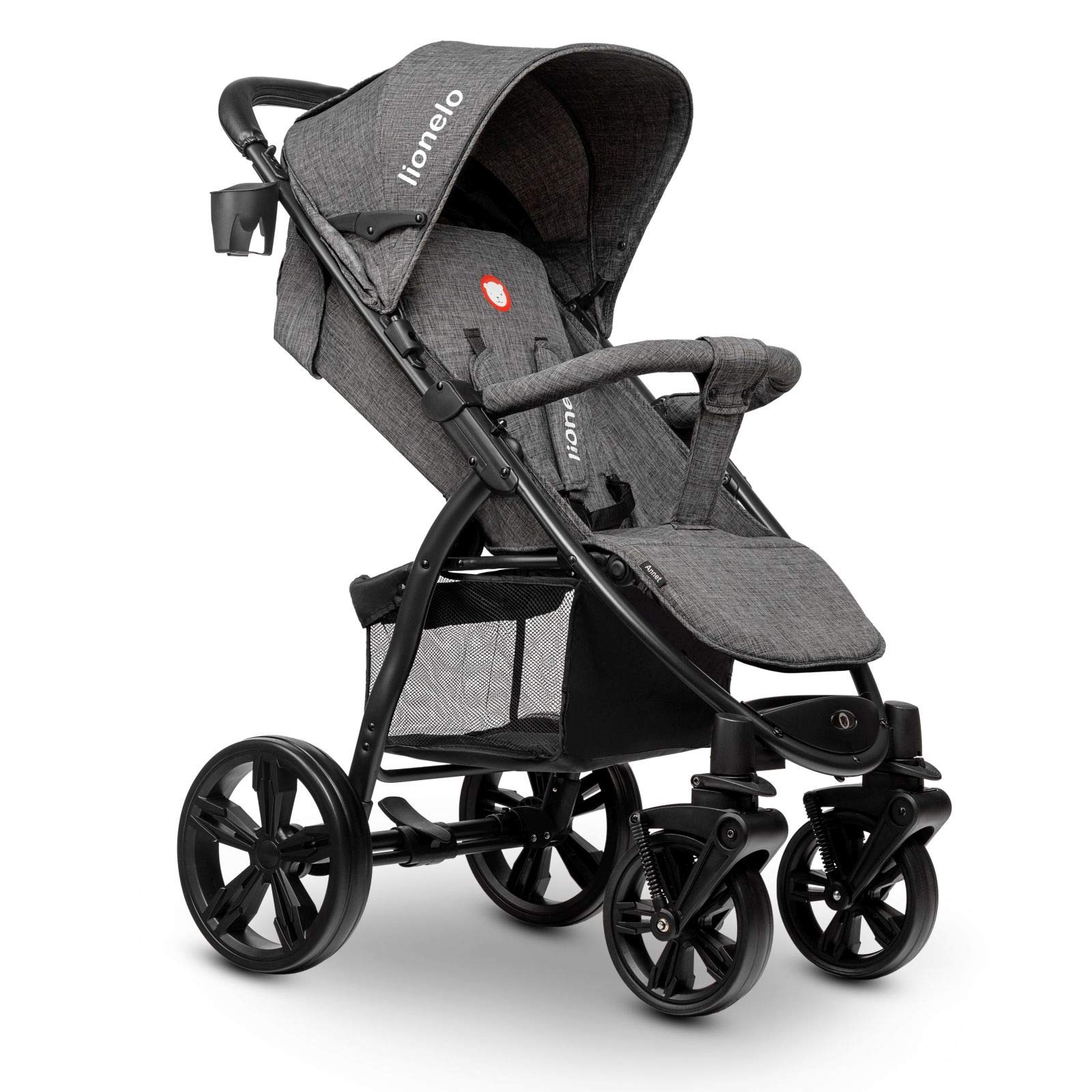 Lionelo Annet passeggino leggero pieghevole regorabile con posizione sdraiata con ruote EVA cappottina XXL con zanzariera coprigambe portabibite fino 22 kg (STONE)