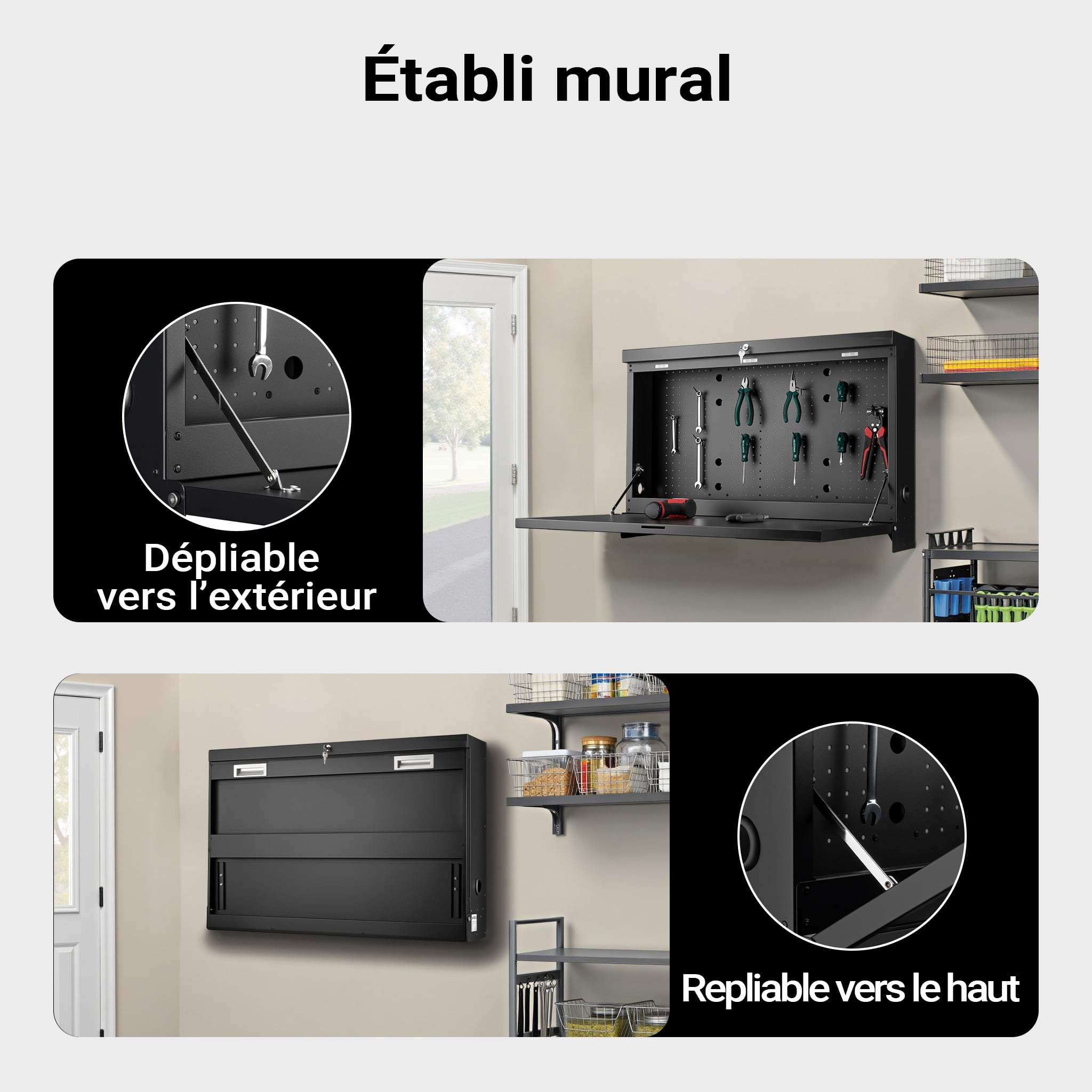 Wiltec Établi Mural Pliant – 912 x 200 x 610 mm – 50 kg Max. – en Acier – Verrouillable – avec Panneau d’accrochage – Banc de Travail Atelier Maison Bricolage