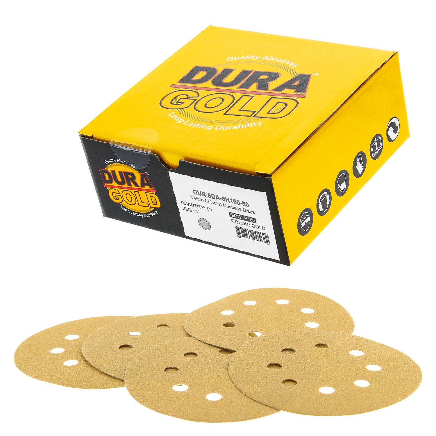 Dura-Gold Premium 150 Grit 5" Sandpaper Discs, 8 Hole Pattern Dustless, 50 Discs - Hook & Loop Backing for Orbital DA Sander, Detailing Finishing