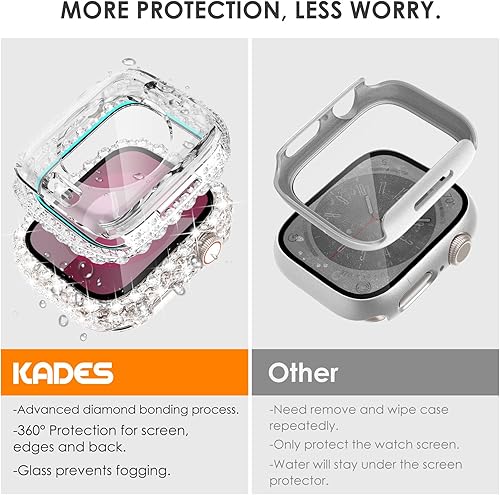 Miniatura 4 de KADES Funda brillante 2 en 1 compatible con Apple Watch Series 9, 8, 7, 1.772 in, 360, impermeable, con diamante, cubierta protectora y trasera para