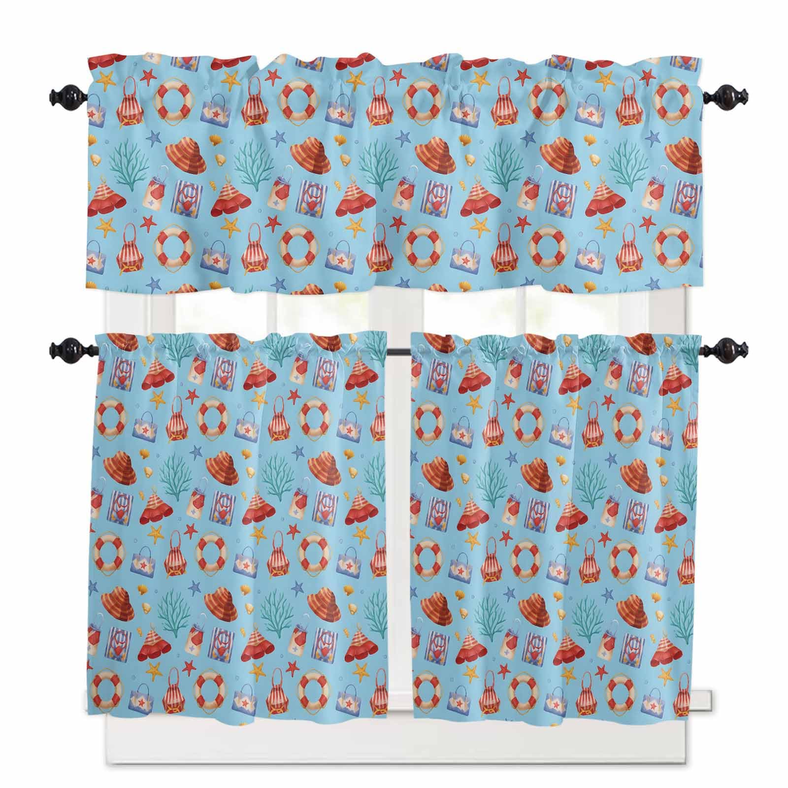 Summer Beach Kitchen Curtains 24 Inch Length, 3 Piece Rod Pocket Small Half Tiers and Valance Set, Blue Tropical Coastal Starfish Coral Small Large Window Treatment Decor for Bedroom/Bathroom Sink
