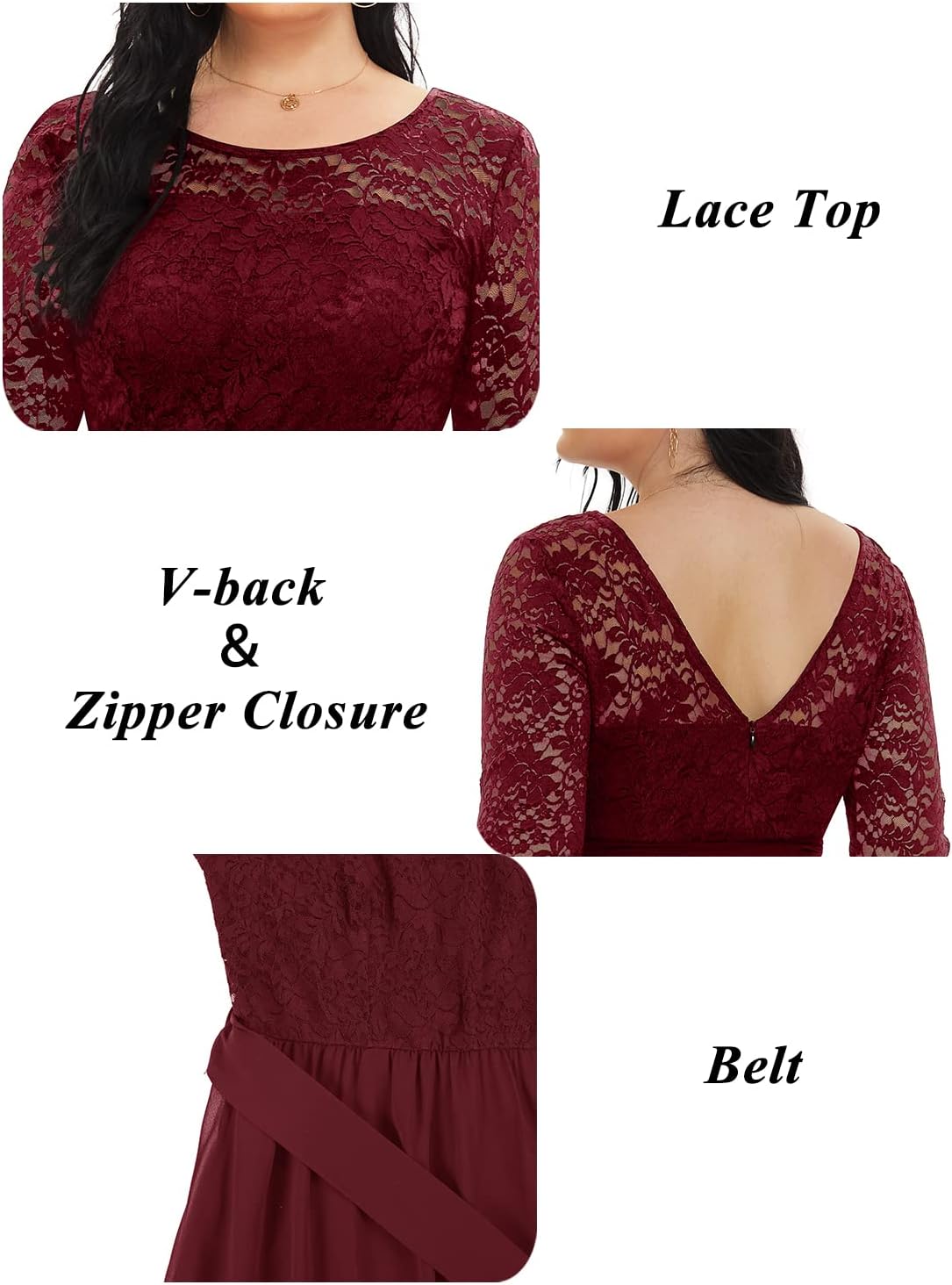 Plus Size Formal Dresses - Women Evening Gown Lace 3/4 Sleeve Wedding Bridesmaid Chiffon Maxi Long Dress