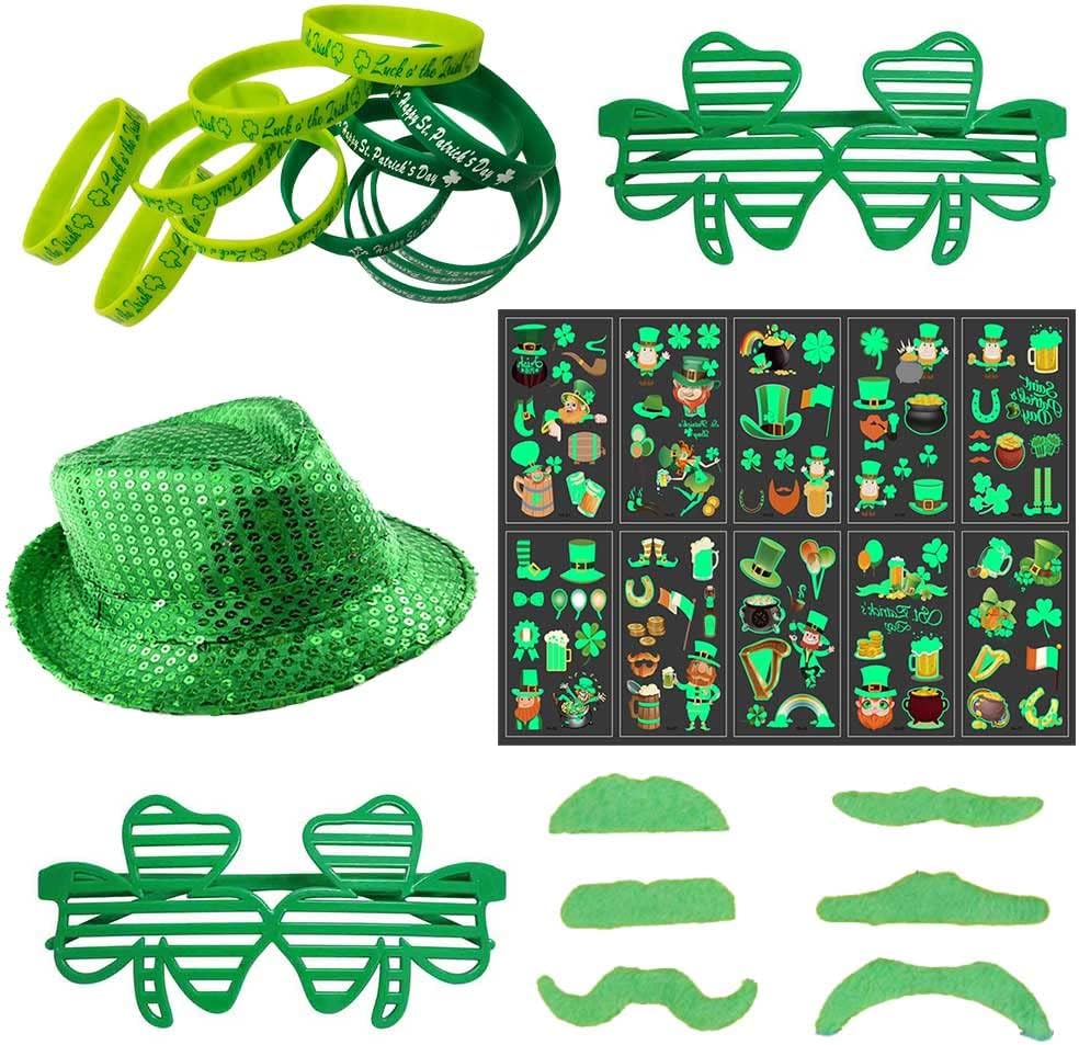 St Patricks Day Decorations Green Irish Party Decors for the Home Green Shamrock Shutter Glasses Rubber Wristbands Assorted Noctilucous Stickers Lucky Hat Mustaches Happy St. Patrick’s Day Accessories