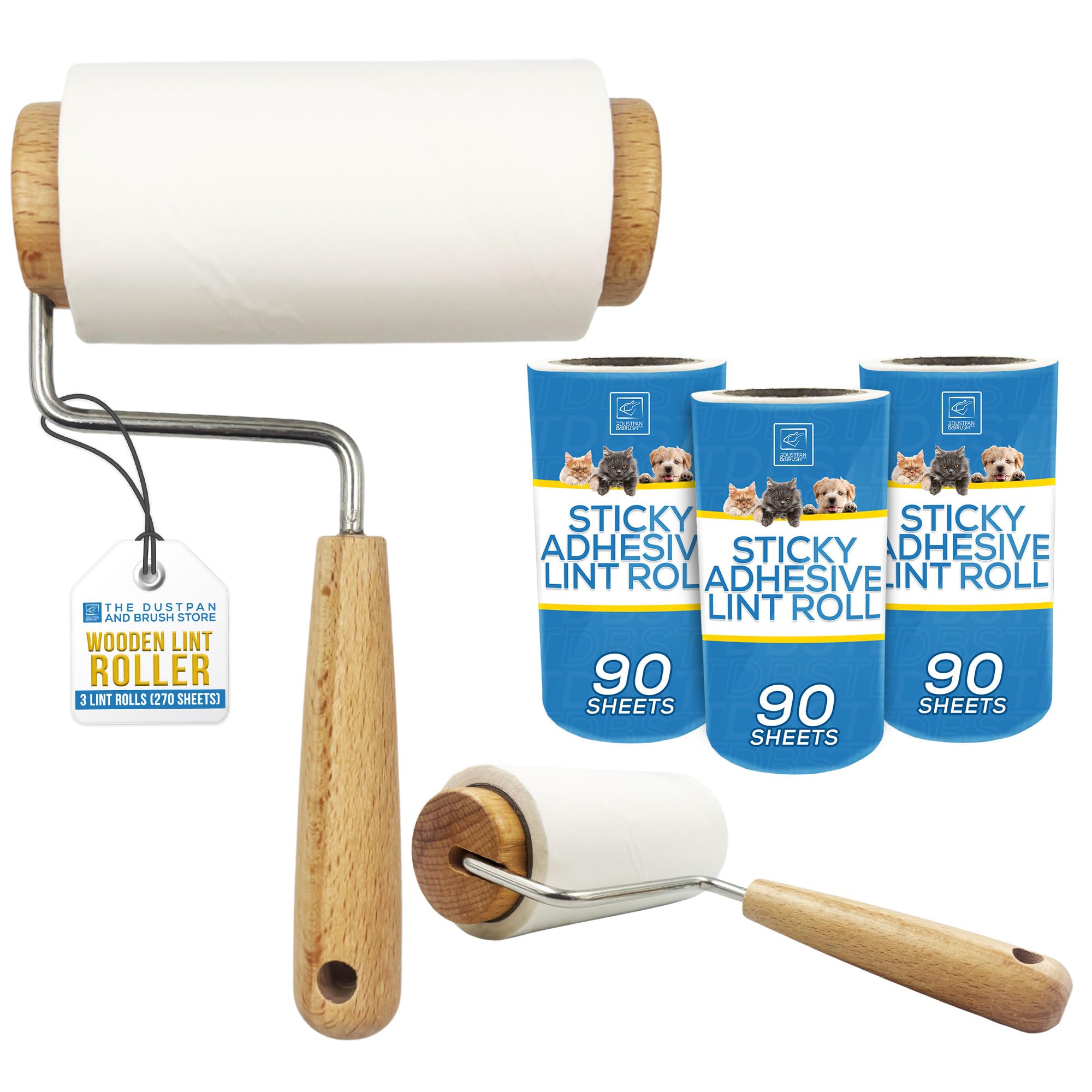 Tdbs The Dustpan And Brush Store Lint Roller Wooden With 3 Reusable Hair Rollers Lint Remover For Cat And Dog Hair - Smooth Wooden Handle, More Sheets Per Sticky Rolls, Perfect For Upholstery, Carpet, And Clothes