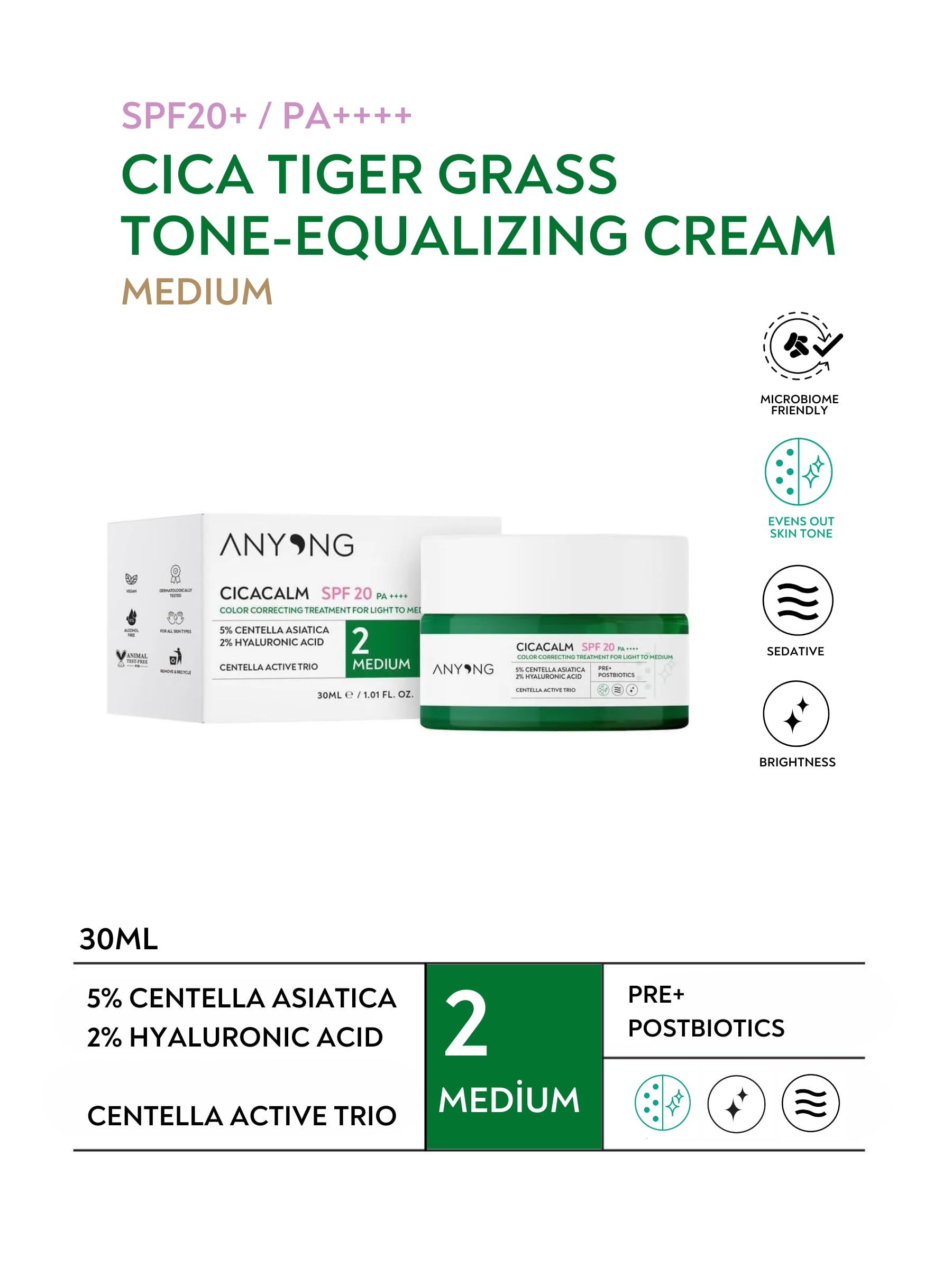 Anyong Cica Tiger Grass Ton Eşitleyici Ve Kızarıklık Karşıtı Krem Medium 20 Spf 30 ml Orta Cilt Tonları
