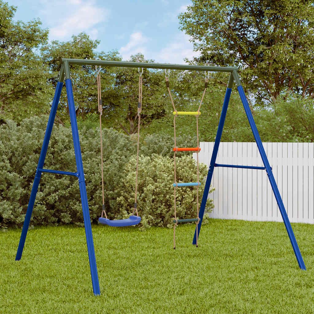 Schaukel-Set mit Schaukelsitz, Strickleiter und robustem Stahlgestell für Garten, Terrasse und Spielplatz, belastbar bis 100 kg, fördert Bewegung, Motorik und Abenteuer im Outdoor-Bereich