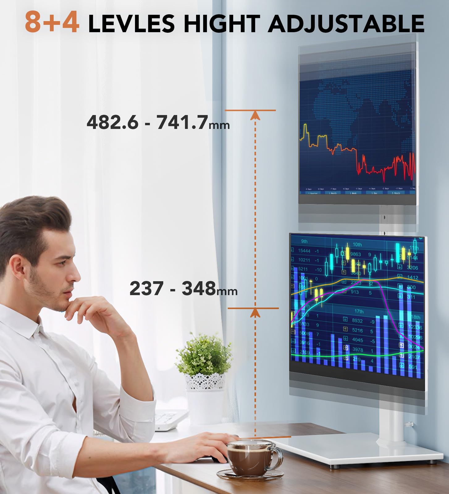 Hemudu Supporto Monitor Doppio Verticale, Braccio Monitor Doppio 13 a 34 Pollici, Girevole 100º, Inclinazione 25º, Regolabile in Altezza di 12 Livelli, Fino a 20 kg/Schermo, Max Vesa 100x100mm