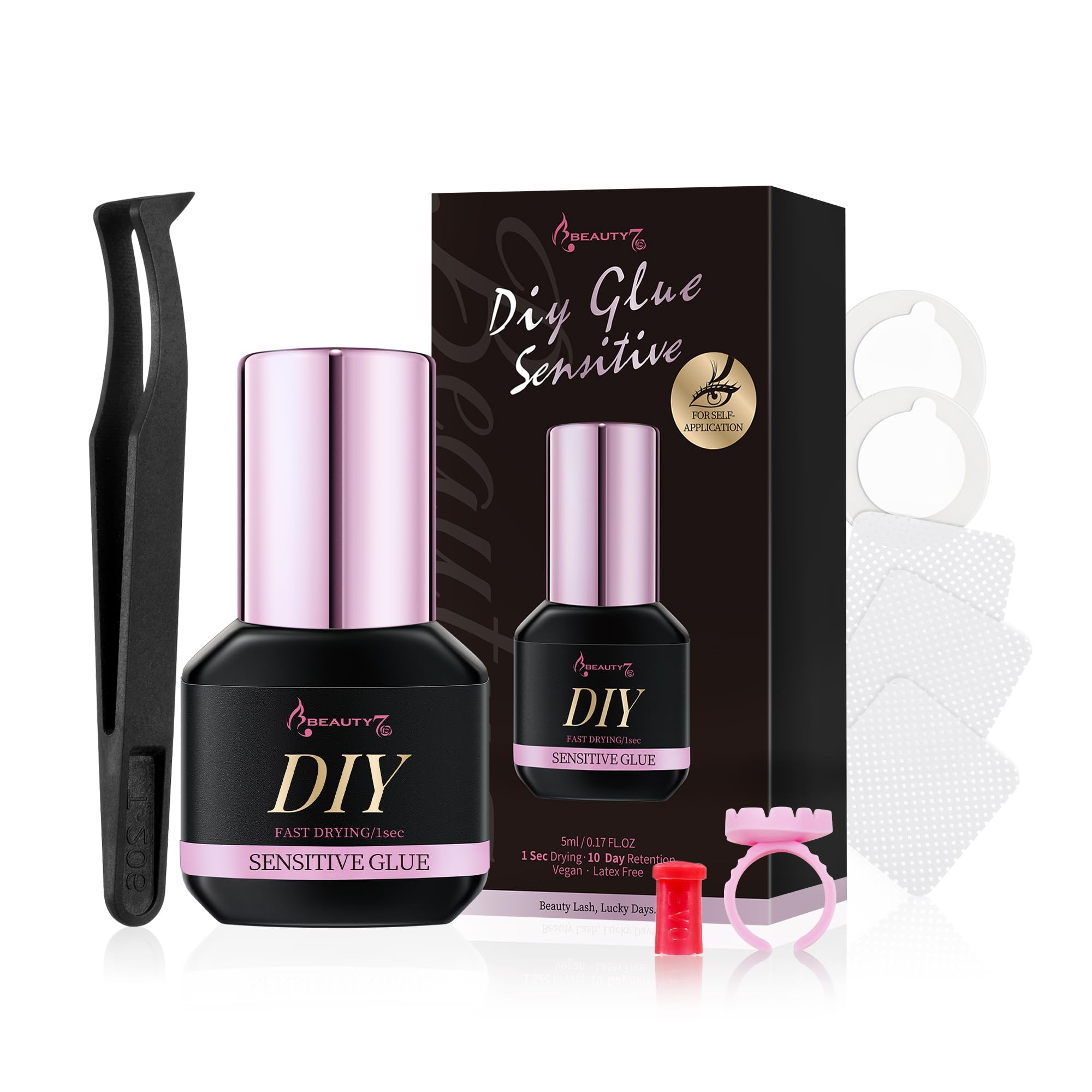 Beauty7 Sensible Pegamento para Extensiones de Pestañas con Pinza, Cluster Lash Pegamento Long Lasting Bond 1 Seg. Secado Rápido 5ml