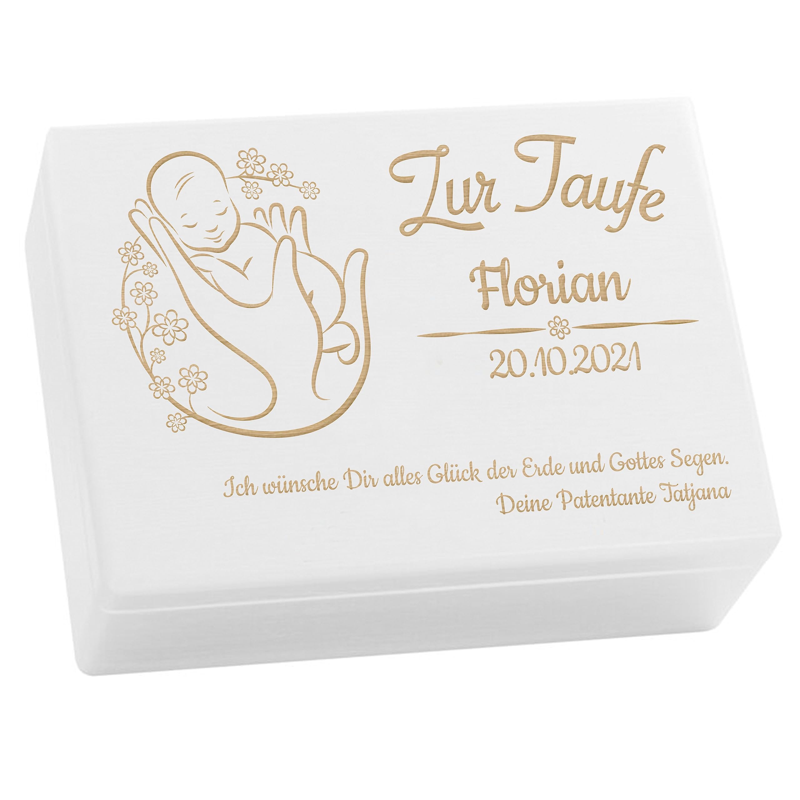 LAUBLUST Holzkiste mit Gravur - Personalisiert mit Name | Datum | WIDMUNG - Weiß Größe L - Blumenbaby Motiv - Geschenkkiste zur Taufe, FSC®