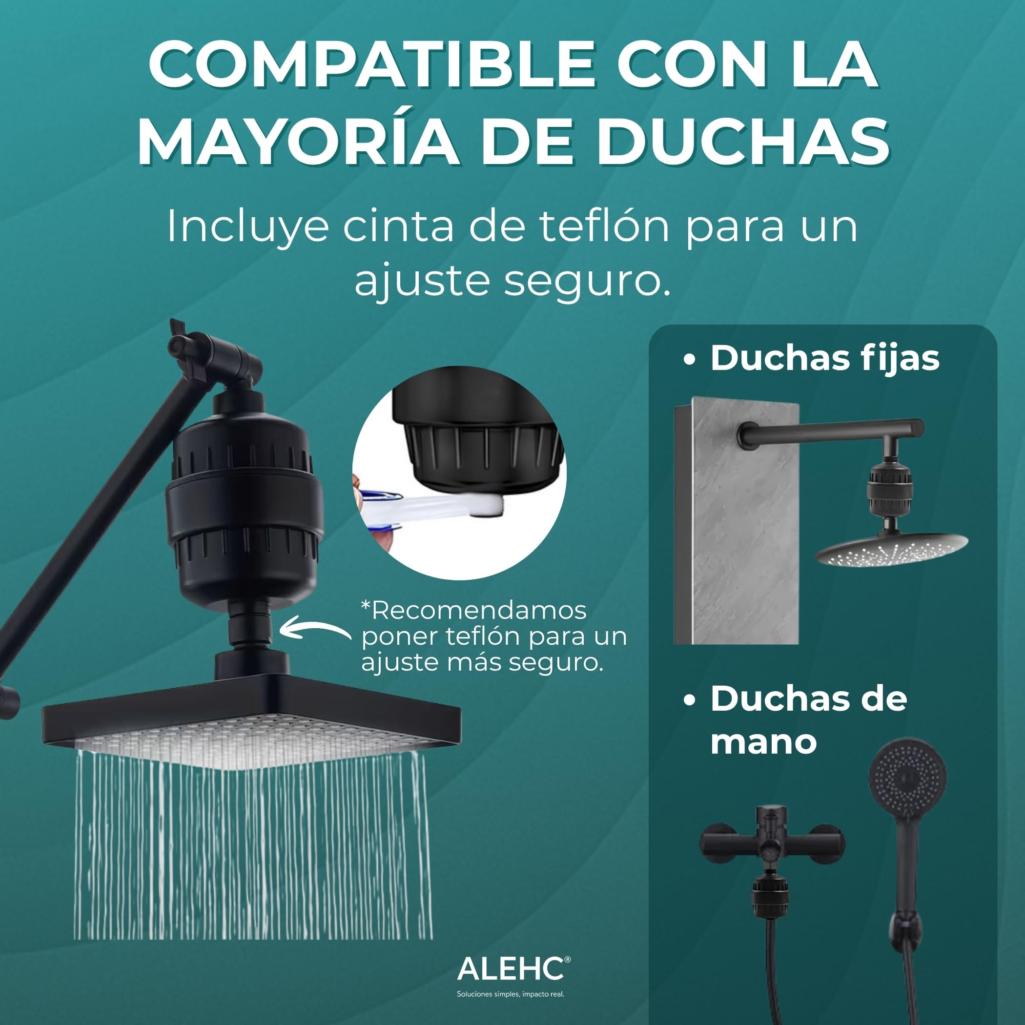 Filtro de Ducha Anticloro Negro Mate para Piel y Cabello, Filtro Agua Ducha para Agua Dura, Reduce Cloro y Cal, Agua Más Suave, Incluye Tiras Test Orientativas, Cartucho de Repuesto