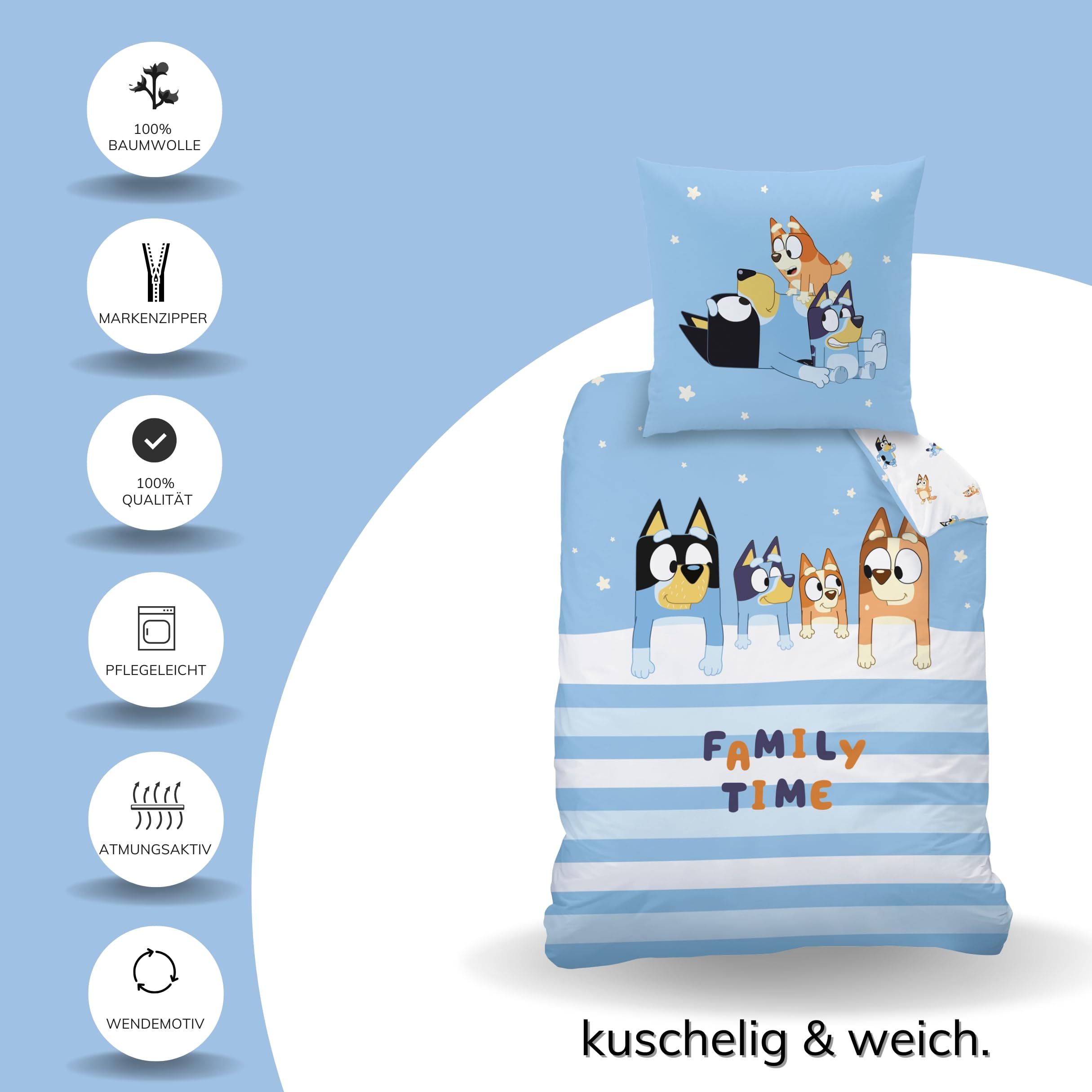 MTOnlinehandel Bluey Bettwäsche 135x200 Baumwolle für Mädchen und Jungen, Wendemotiv Kinderbettwäsche, 1x Kissenbezug 80x80 + Bettbezug 135x200, Öko Tex