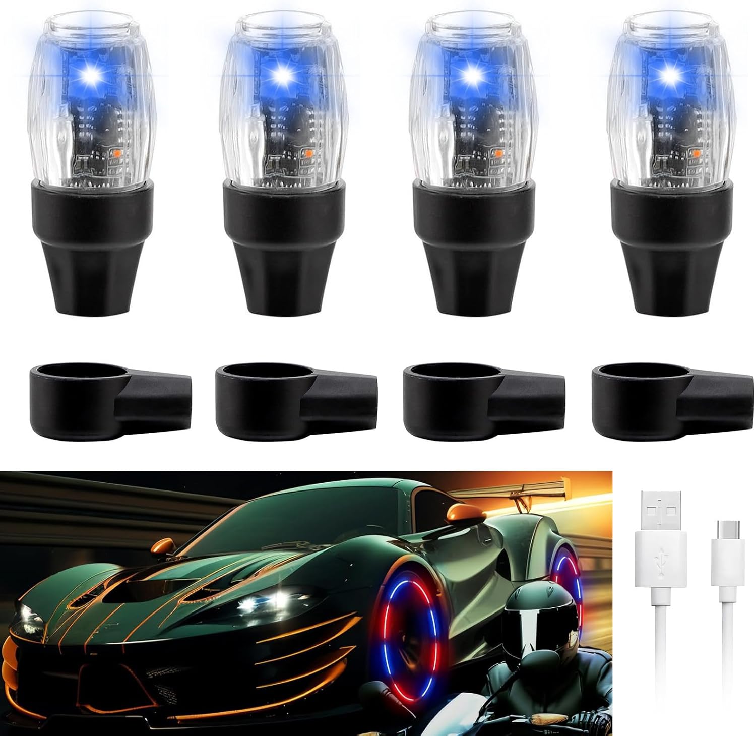 4 PCS Tire Valve Light Colorful LED Car Wheel Lights Waterproof Flash Lantern Tire Valve Stem Cap Lamp Automotive Decoration Accessories for SUV Truck Motorcycle Bike Bicycle (4 Blue)