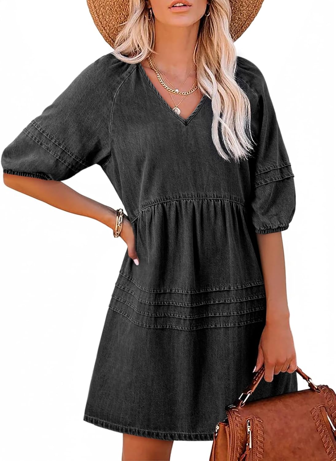 Dokotoo Denim Dress for Women Casual V Neck Puff Short Sleeve Mini Jean Dress Cute Back Tie Summer Dresses