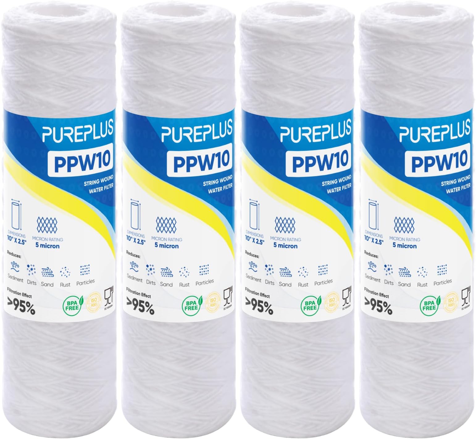 5 Micron 10"x2.5" Whole House String Wound Sediment Filter for Well Water, Replacement Cartridge for Universal 10 inch RO System, WP-5, Aqua-Pure AP110, CFS110, Culligan P5, WFPFC4002,4Pack