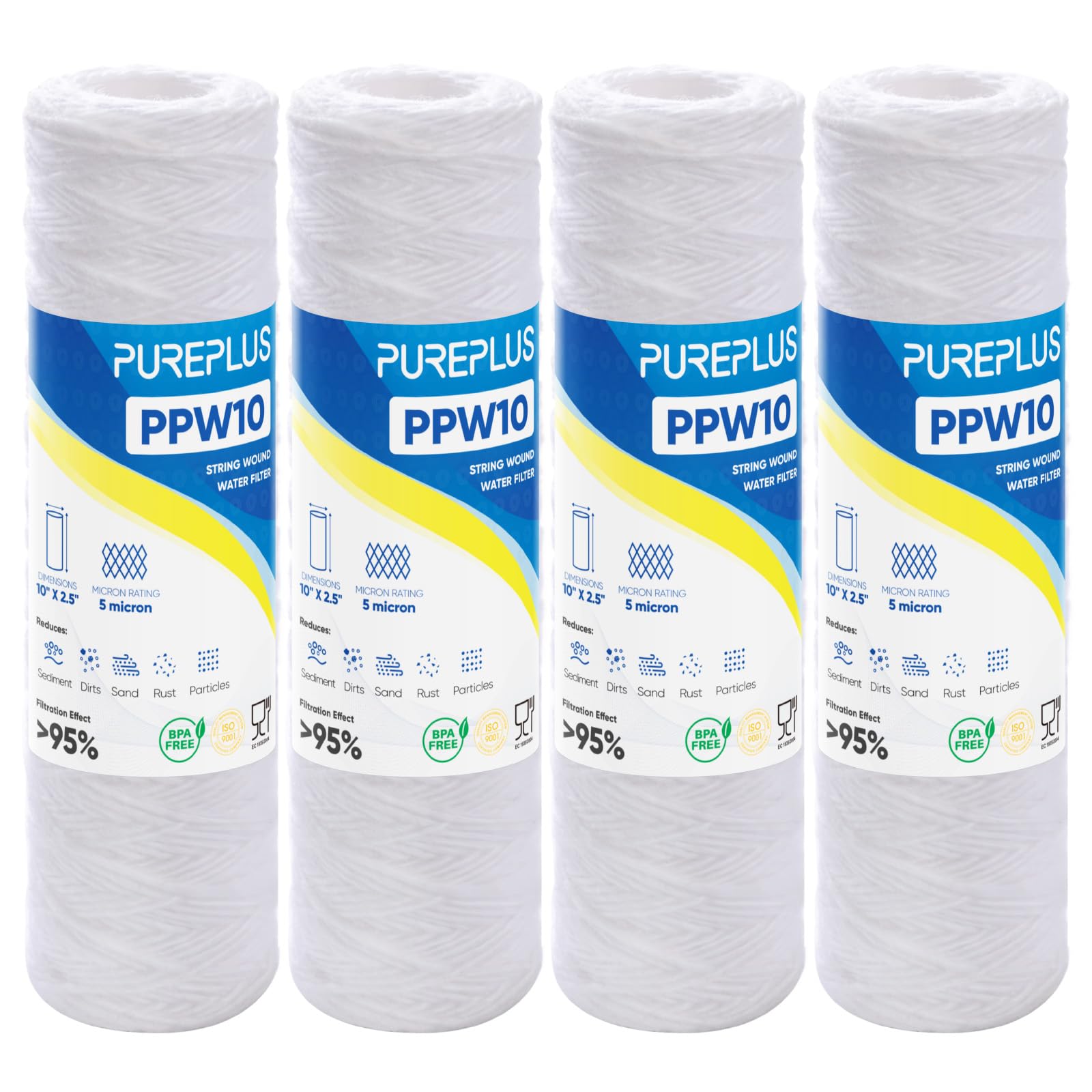 5 Micron 10"x2.5" Whole House String Wound Sediment Filter for Well Water, Replacement Cartridge for Universal 10 inch RO System, WP-5, Aqua-Pure AP110, CFS110, Culligan P5, WFPFC4002,4Pack