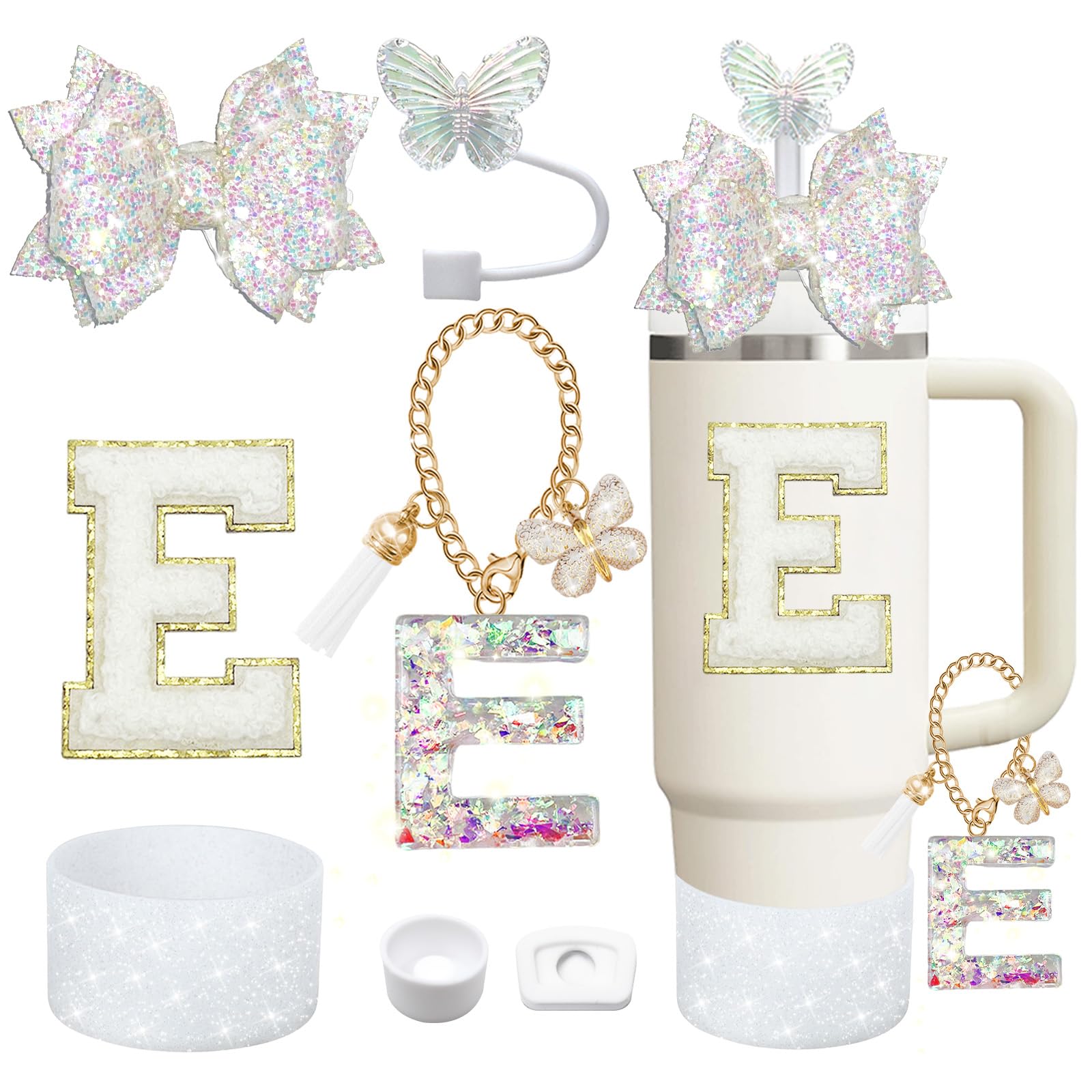 Liangang 7PCS White Cup Accessories Set For Stanley 30oz 40oz,Including Boot,Spill Proof Stopper,Butterfly Straw Cover,Sticker Letter,Letter Charms
