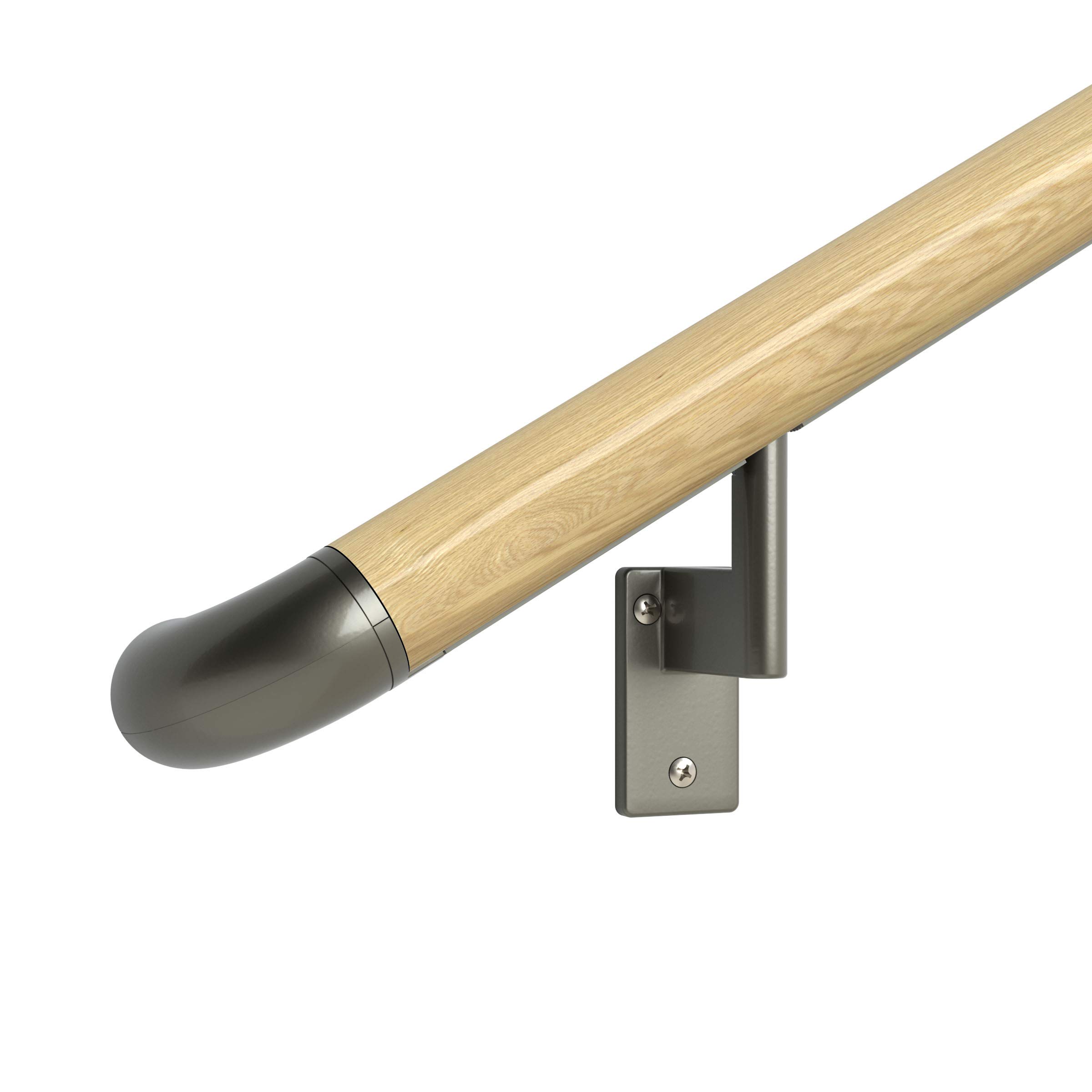 Promenaid 2ft ADA Handrail Kit - Oak - Complete Indoor Handrail for Stairs - 1.6" Round Genuine Wood Wrapped Aluminum Core Railing with 2 Matte Nickel Painted Pivoting Brackets & ADA Wall Returns