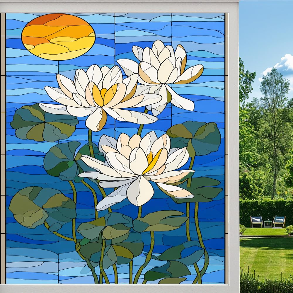 Pmlbaous Rural Lotus Flowers Stained Glass Window Film, Colorful Natural Plant Peel And Stick Privacy Film, Frosted Adhesive Vinyl Decorative For Bathroom Windows Glass Doors, （45X60cm）