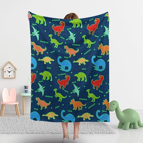 Manta de dinosaurio para niños, suave que brilla en la oscuridad, para niños, juguetes para niños, adecuada para camas, sofás, campamento al aire