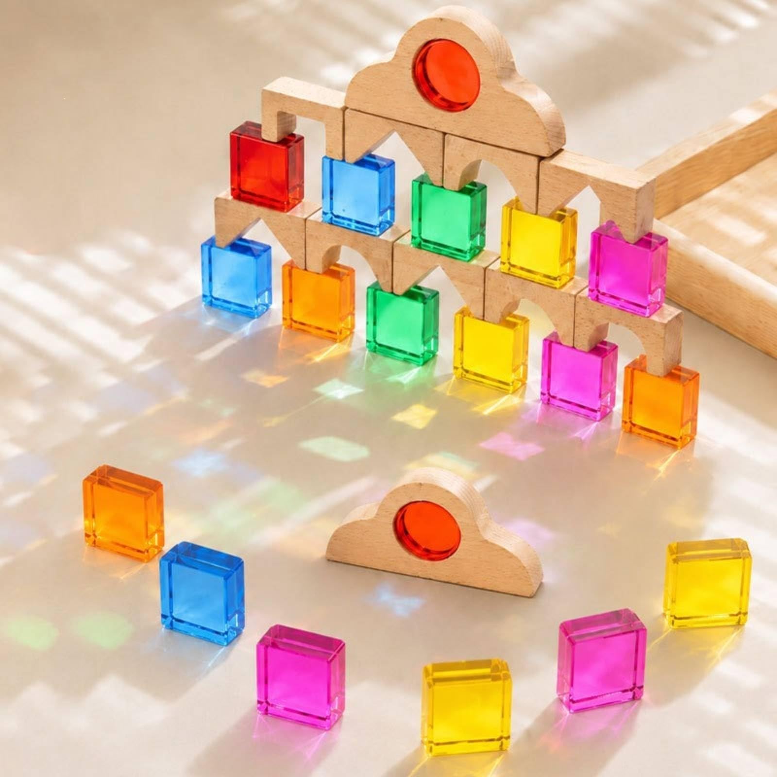 Amagogo Kinder Bauklötze Holzbausteine Acryl Bausteinset Lernspielzeug Stapelspiel Pädagogisches Spielzeug mit Transparenten Einsätzen für Feinmotorik